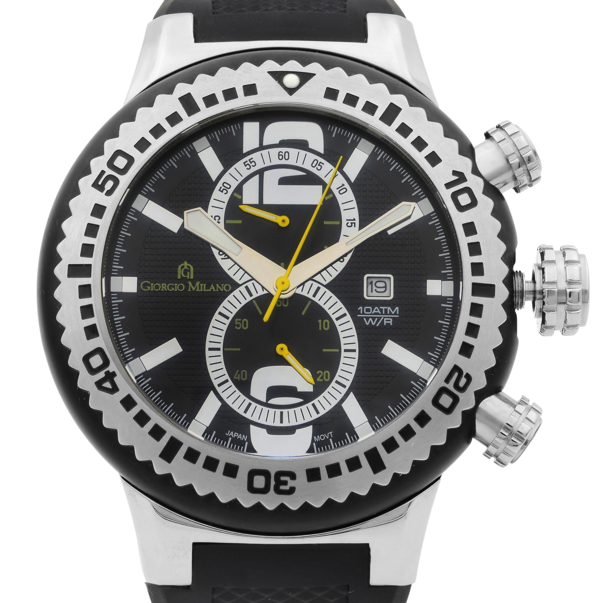 Giorgio Milano Stainless Steel Chronograph Quartz Mens Watch GM857SLBK.
The timepiece has hairline scratches on the case. Comes with original box and papers.
Movement	Quartz (Battery)
Gender	Men's
Case Material	Stainless Steel
Case
