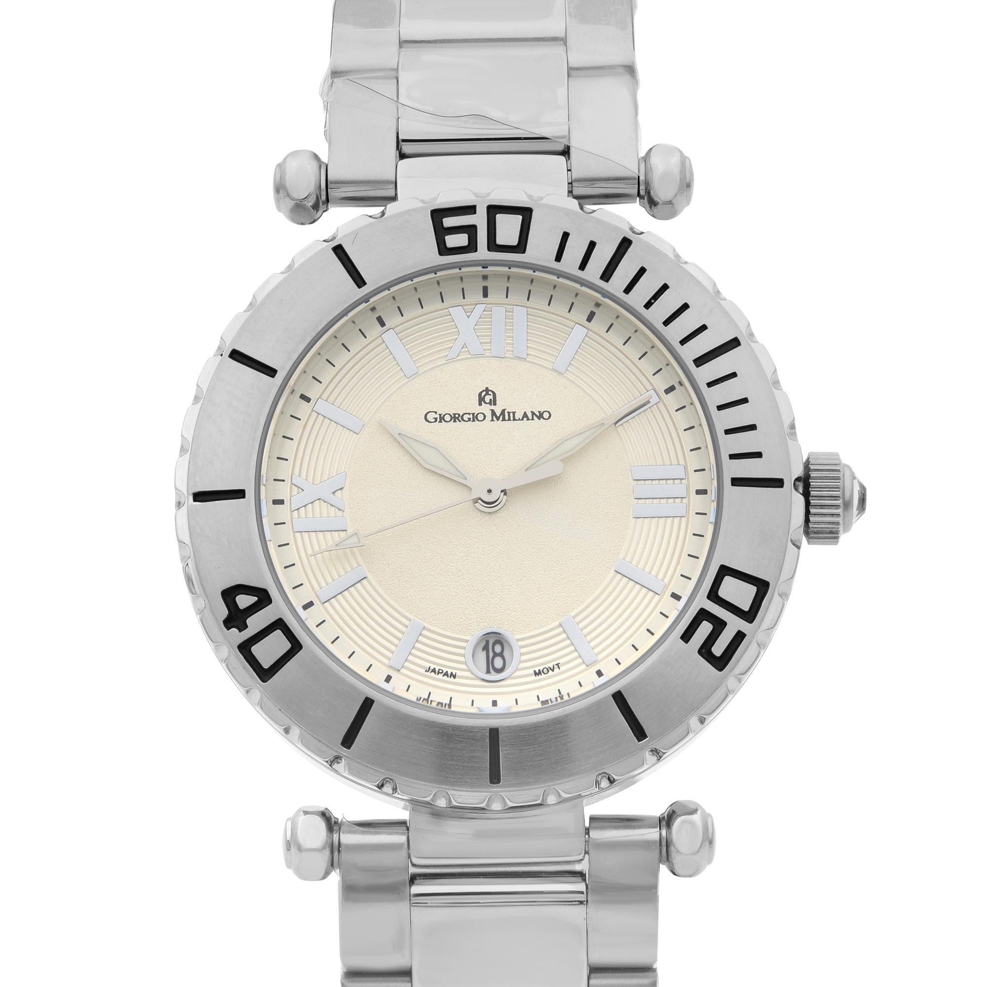 This display model Giorgio Milano 917ST02 Watch is a beautiful men's timepiece that is powered by quartz (battery) movement which is cased in a stainless steel case. It has a round shape face and has hand sticks style markers. It is completed with a