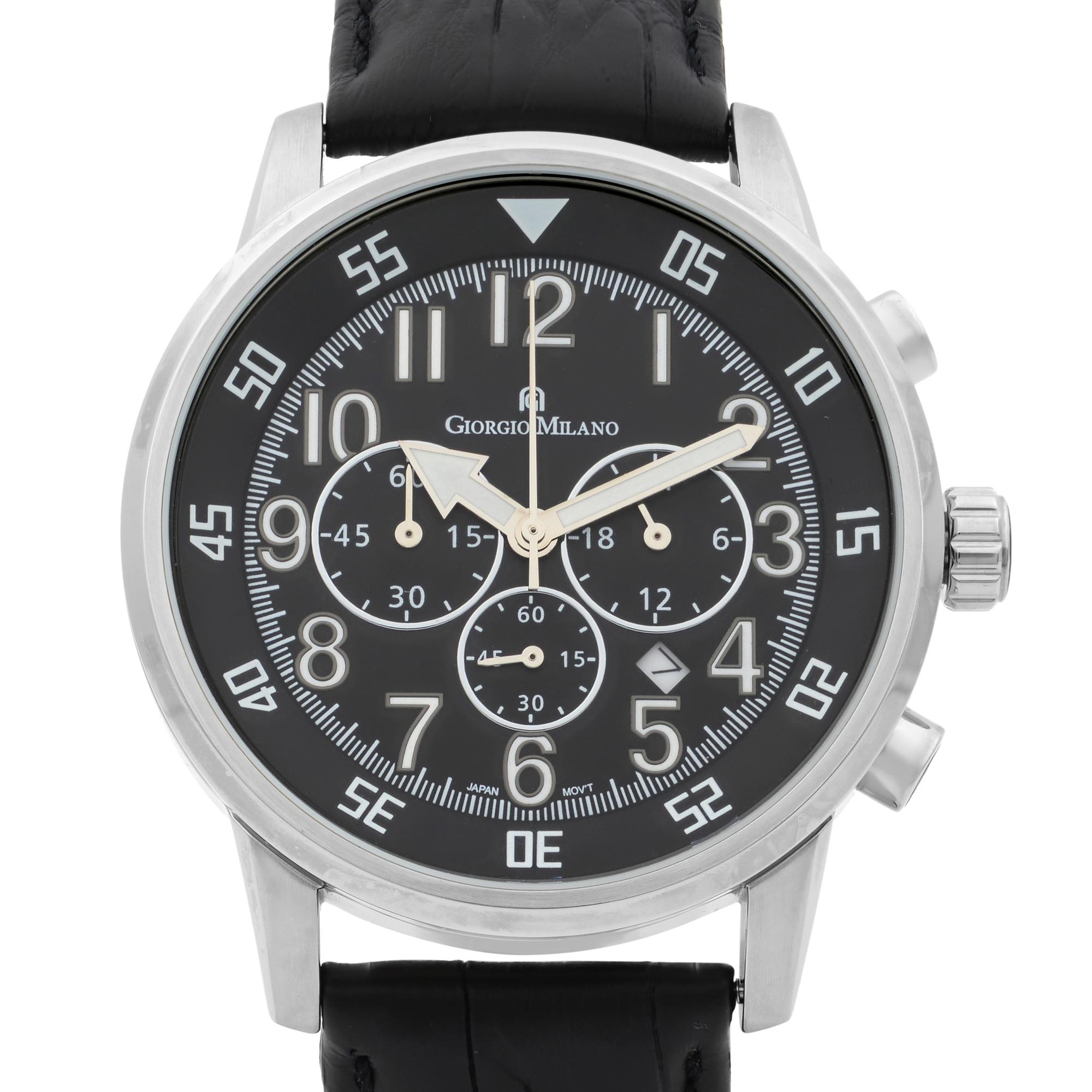 Giorgio Milano Steel Chronogprah Black Dial Quartz Mens Watch GM853SLBK:
Movement Type	Quartz (Battery)
Gender	Men's
Case Material	Stainless Steel
Weight in grams	80.1
The watch comes with original box and papers. 
