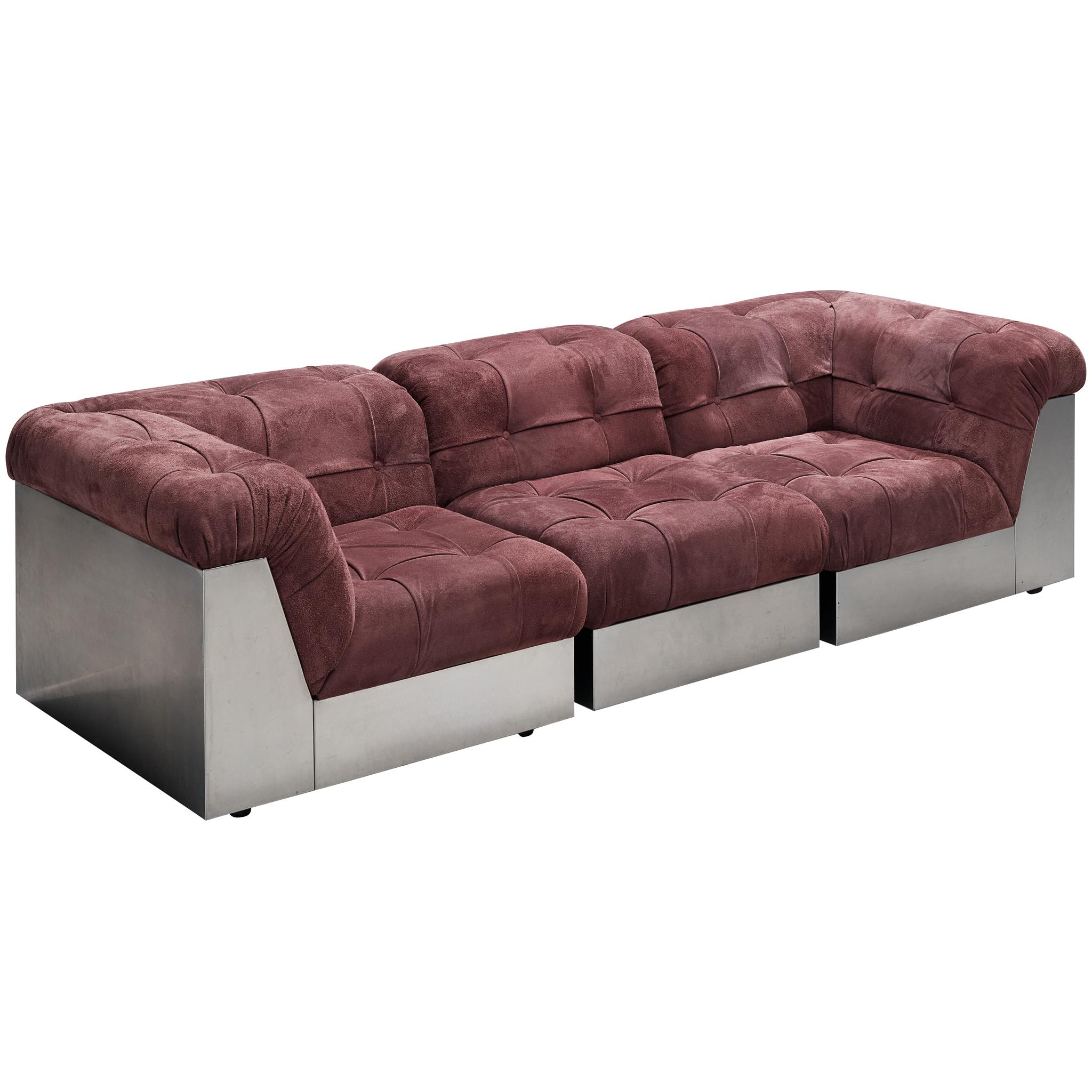 Giorgio Montani for Souplina Modular Three Seat Sofa in Steel and Suede For Sale
