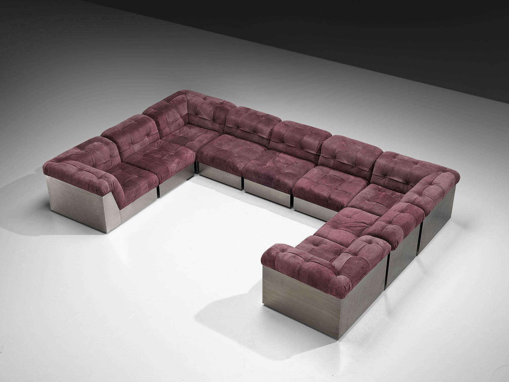Giorgio Montani for Souplina, large sectional sofa, reupholstered suede, stainless steel, France, 1970s

Rarely does a composition of this scale by Giorgio Montani for Souplina become available. This sofa, designed in the 1970s, is built from a