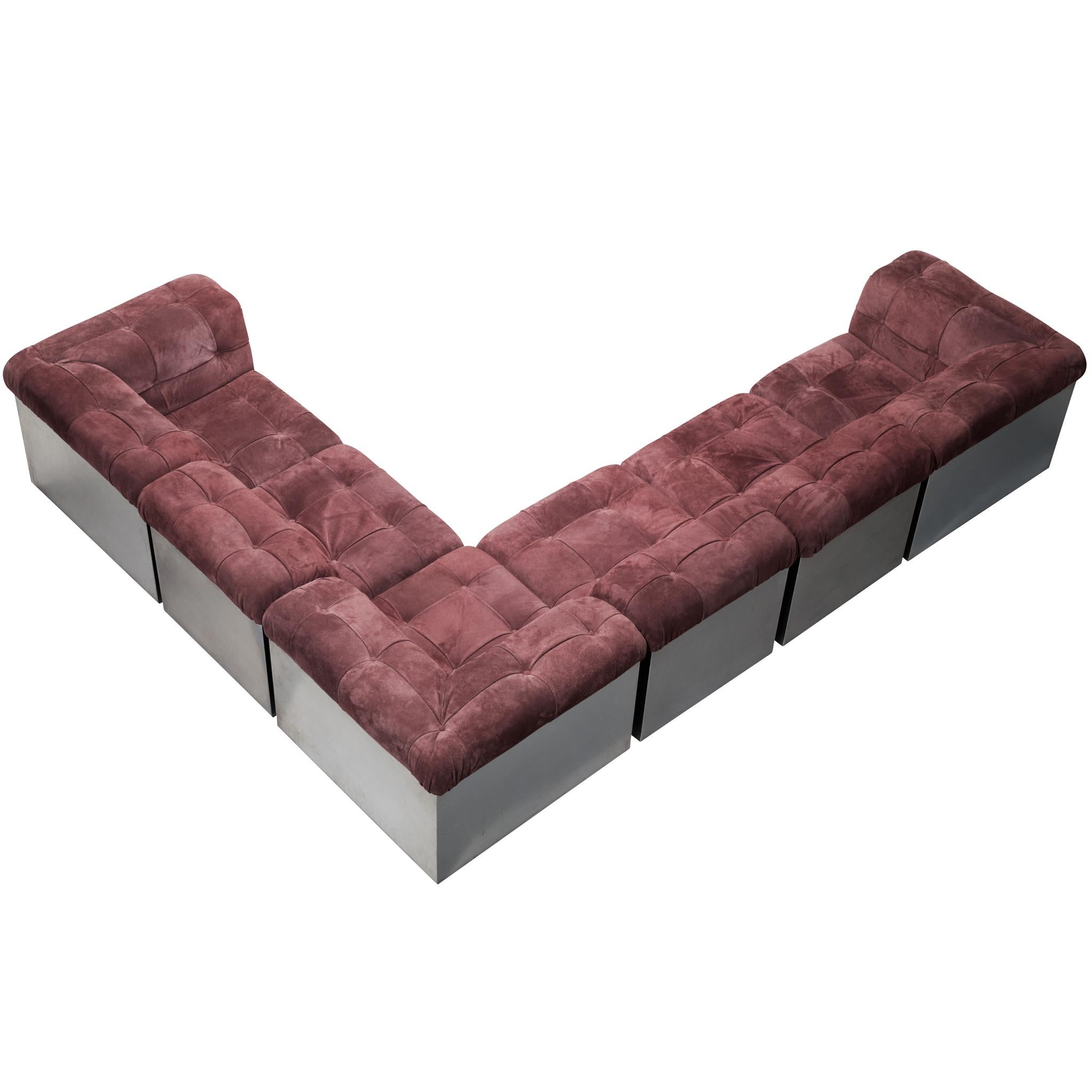 Giorgio Montani per Souplina - Divano componibile in acciaio inossidabile e pelle scamosciata color prugna