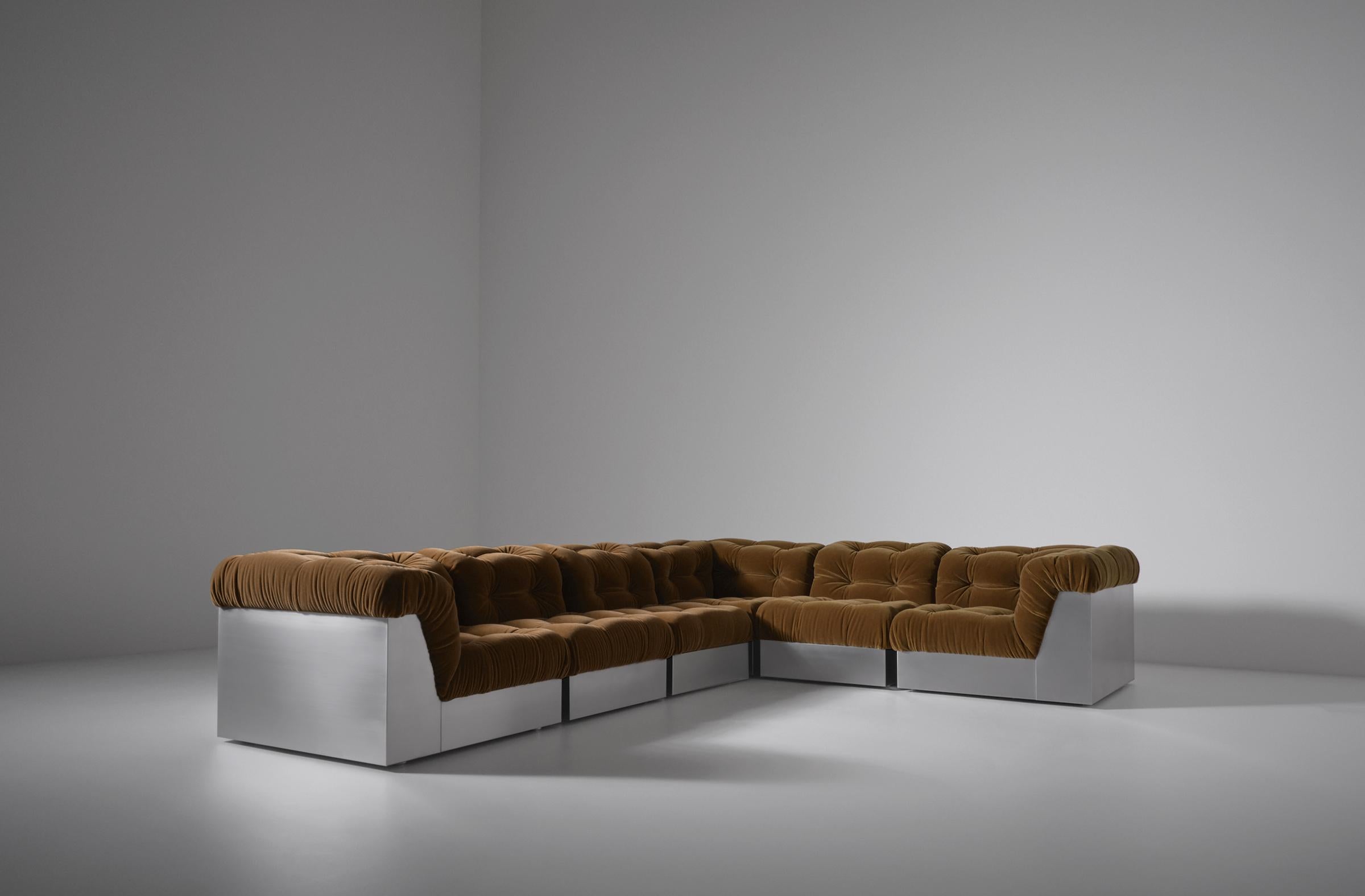 Large modular sofa by Giorgio Montani for Souplina, France 1970s. Stunning outspoken stainless steel structure and mohair velvet upholstery. Very intriguing contrast between the ultra modern and hard 'outer shel'l and the traditional soft padded
