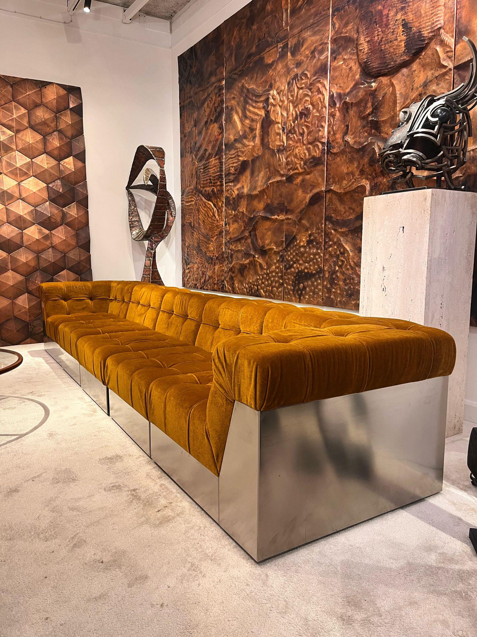 Mid-Century Modern Giorgio Montani Modular Sofa in Brushed Steel and Velvet, Italy, 1970s