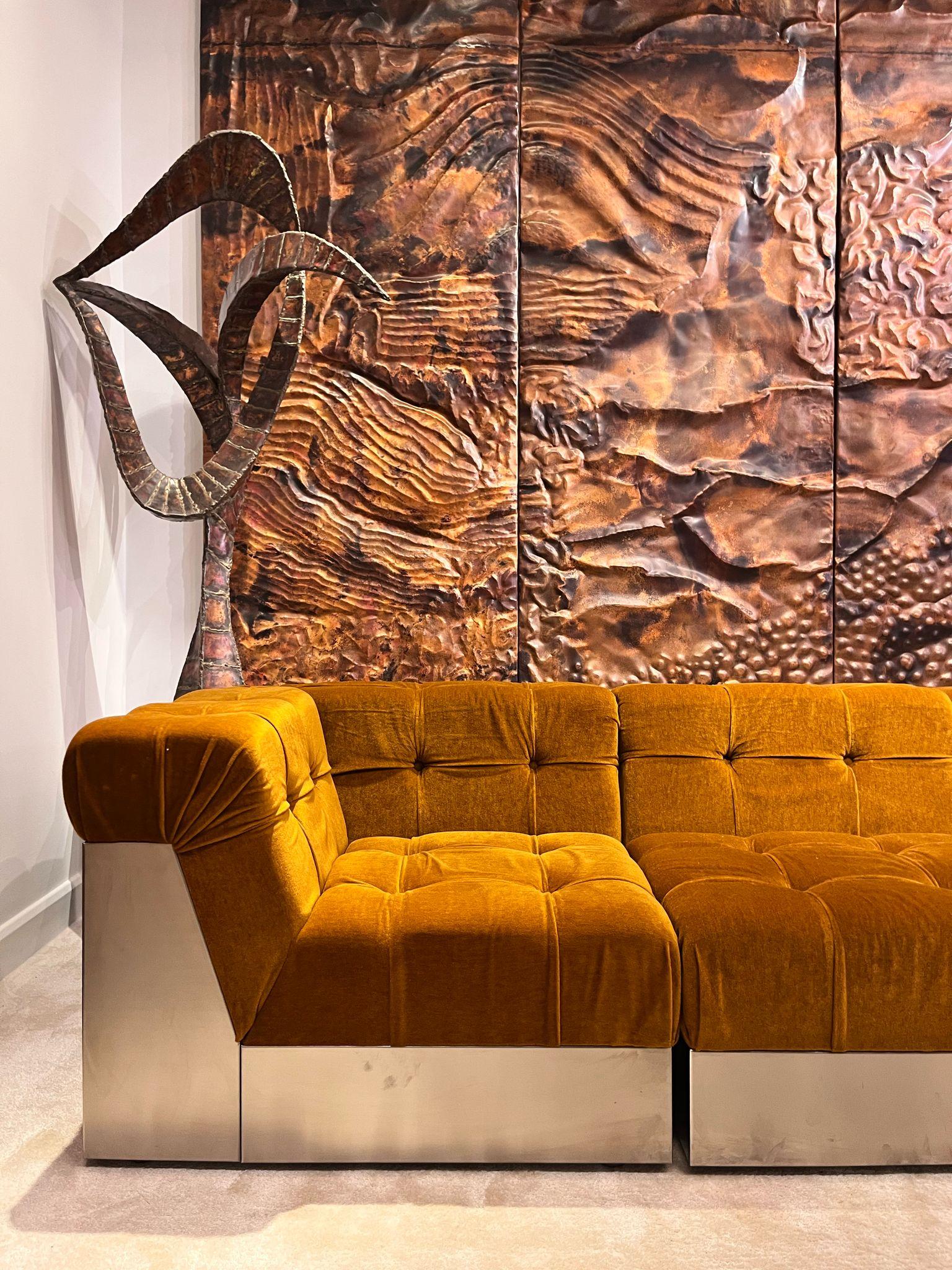 Late 20th Century Giorgio Montani Modular Sofa in Brushed Steel and Velvet, Italy, 1970s