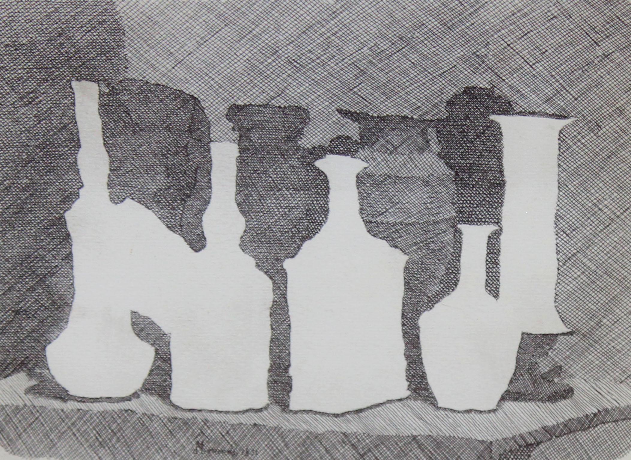 Still-Life Print de Giorgio Morandi - Grabado al cobre - Natura morta di vasi su un tavolo - Año 1931