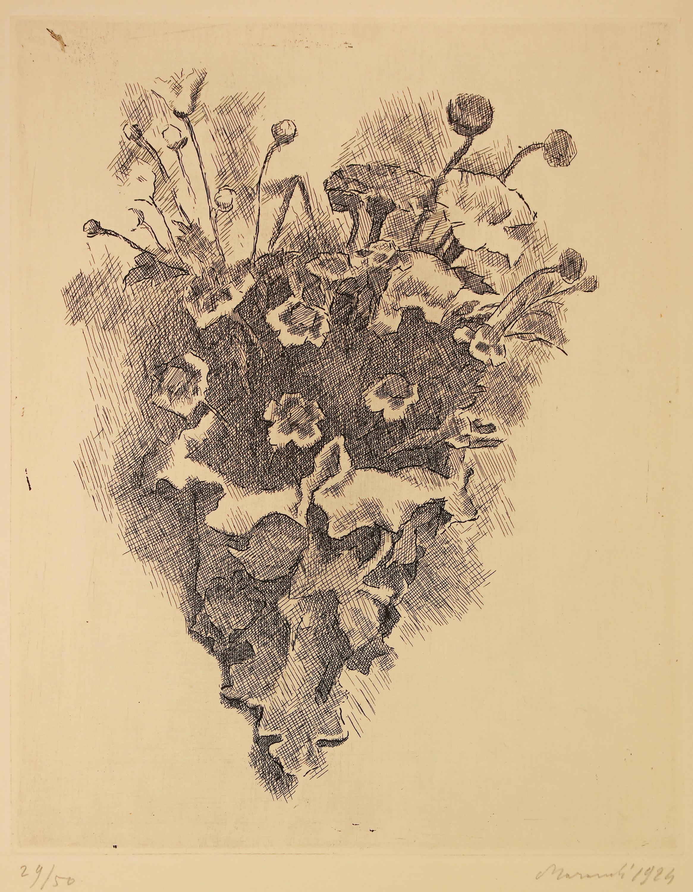 Cornetto con fiori di campo est une œuvre d'art originale réalisée par Giorgio Morandi en 1924. Gravure sur papier. Signé à la main et daté dans la marge inférieure droite. Edition de 50 tirages dont quelques exemplaires non numérotés.
Le