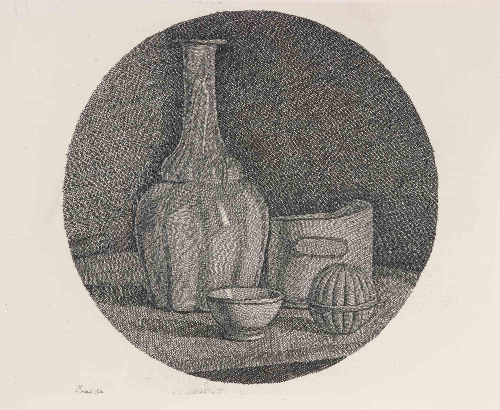 Grande Natura Morta Circolare con Bottiglia... -Etching by Giorgio Morandi-1946