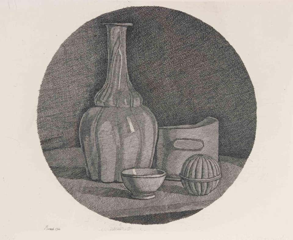 Grande Natura Morta Circolare con Bottiglia... -Etching by Giorgio Morandi-1946