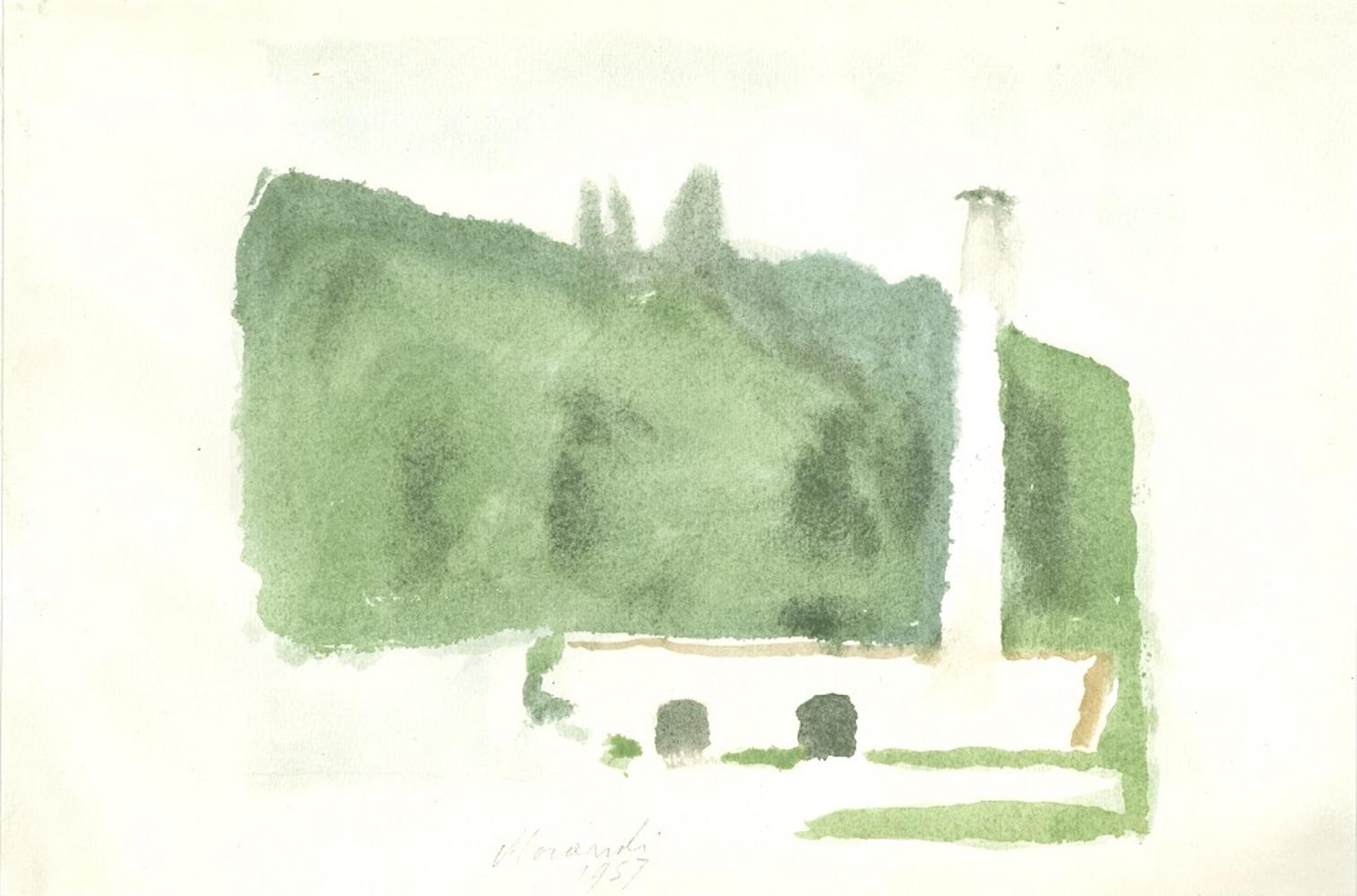 Image dimensions: 20.5 x 30.5 cm.

Landscape is an original offset print, reproducing the original watercolor by Giorgio Morandi.

Signature and date by the artist is perfectly reproduced on plate.

Mint conditions.

From the volume "L'Opera grafica
