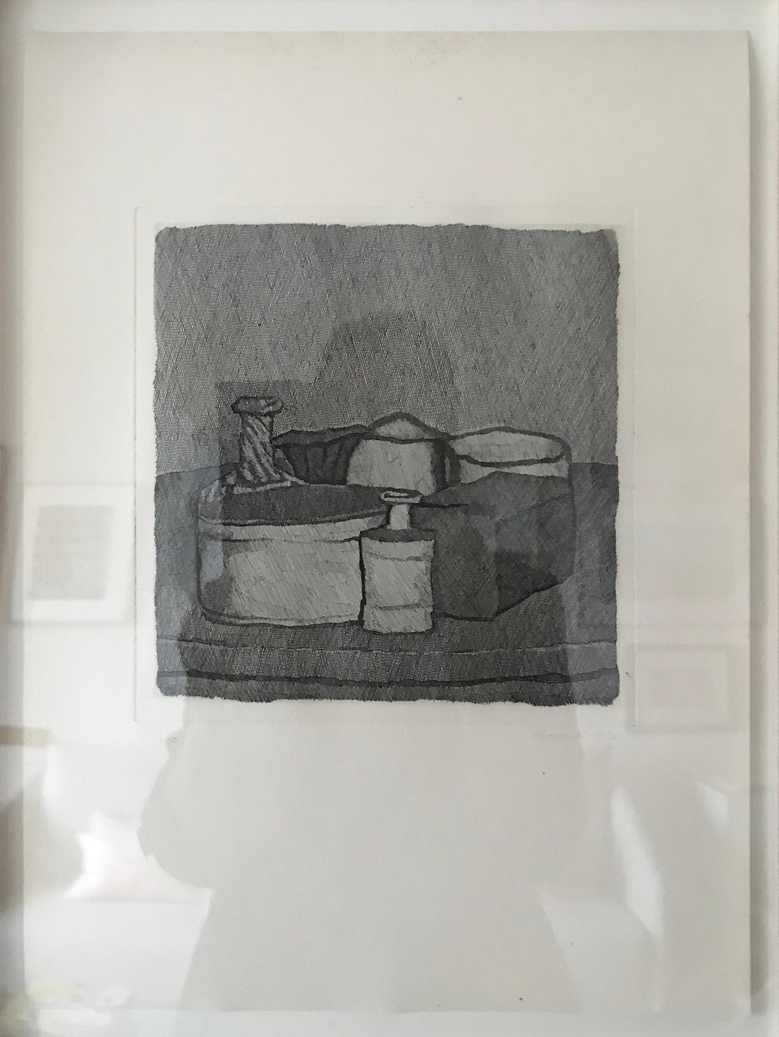 Natura morta con quattro oggetti e tre bottiglie - Print by Giorgio Morandi