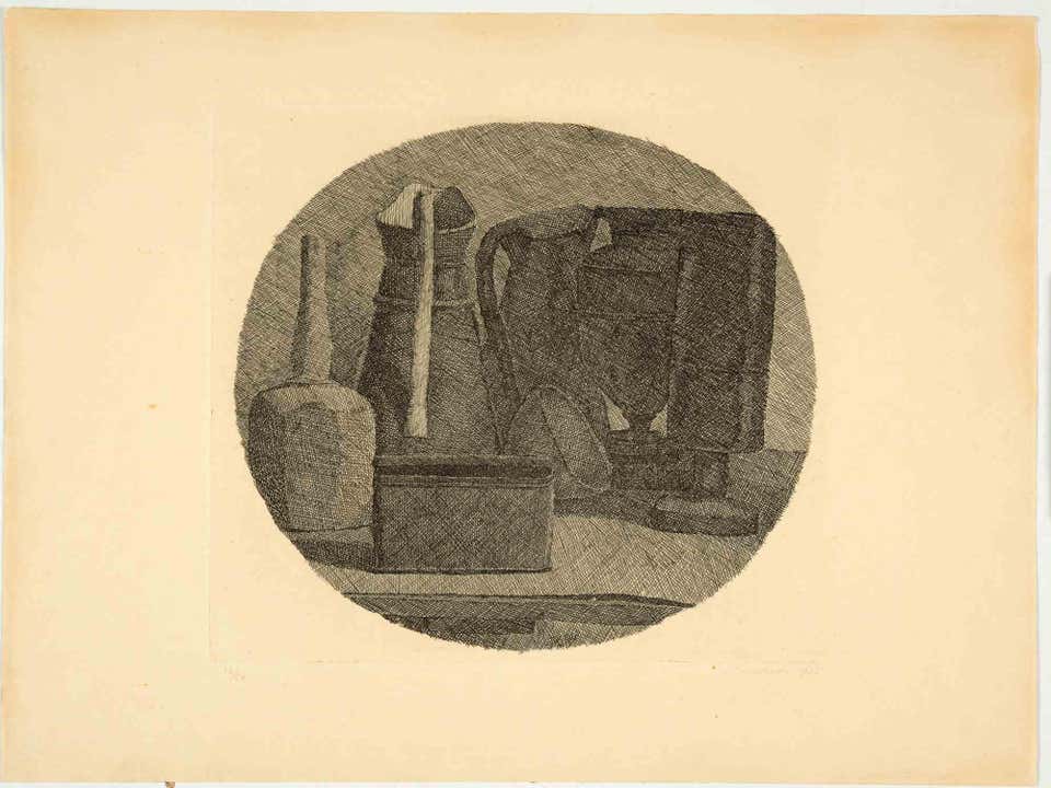Natura Morta con Sette Oggetti in un Tondo - Etching by Giorgio Morandi - 1945