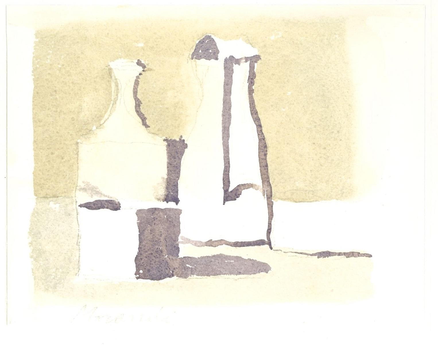 Image dimensions: 16 x 21  cm.

Still Life is a superb original offset print, reproducing the original watercolor by Giorgio Morandi.

Signature in pencil by the artist is perfectly reproduced on plate.

From the volume "L'Opera grafica di Giorgio