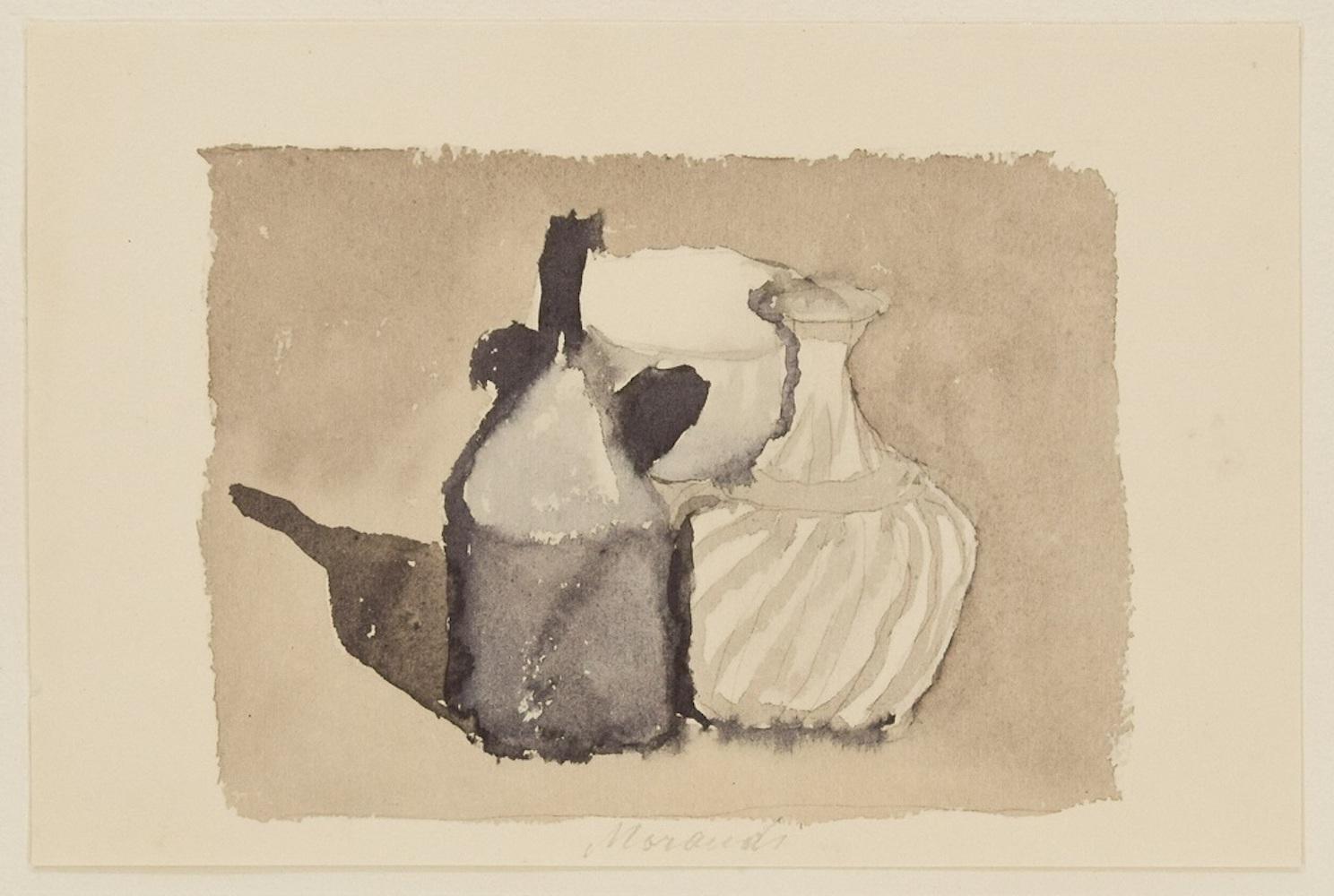 Image dimensions: 15.7 x 23.8  cm.

Still Life is a superb original offset print, reproducing the original watercolor by Giorgio Morandi.

Signature in pencil by the artist is perfectly reproduced on the lower central margin. 

From the volume