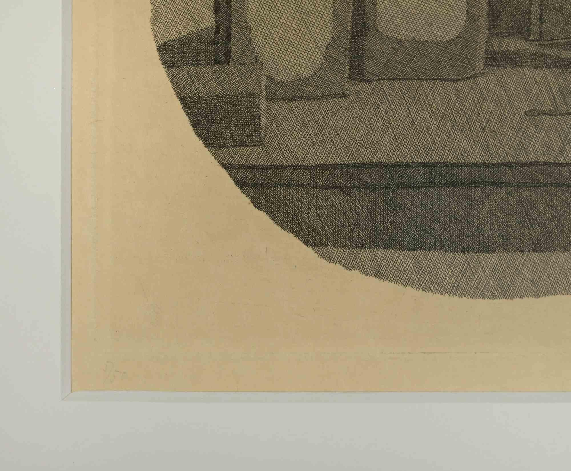 Still life with eleven objetcs in a sphere (Original Italian title: Natura morta in un tondo) is an etching realized by Giorgio Morandi (1890-1964) in 1942. 

Hand numbered Edition 5/50 edited by Galleria del Milione, Milan. 

Hand signed in the