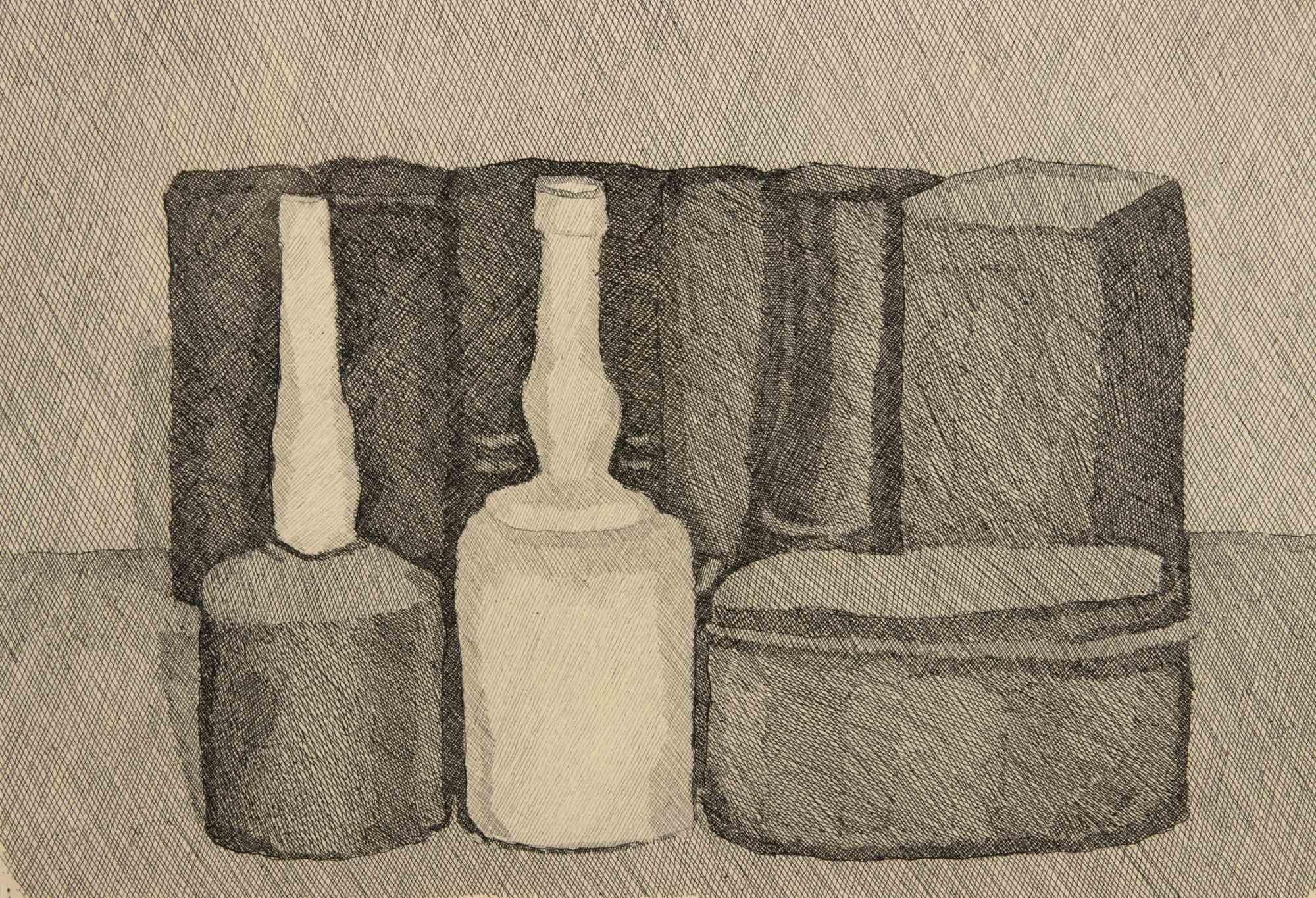 Natura morta con nove oggetti - Acquaforte di Giorgio Morandi - 1954 1