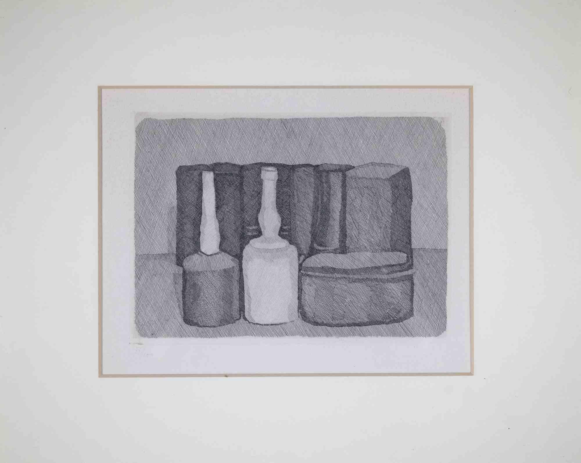 Still Life with Nine Objects - Original Etching by Giorgio Morandi- 1954
