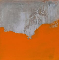 Pintura abstracta texturizada de madera en tonos naranjas y azules, 2024 - "Mer orange" (Mer naranja)