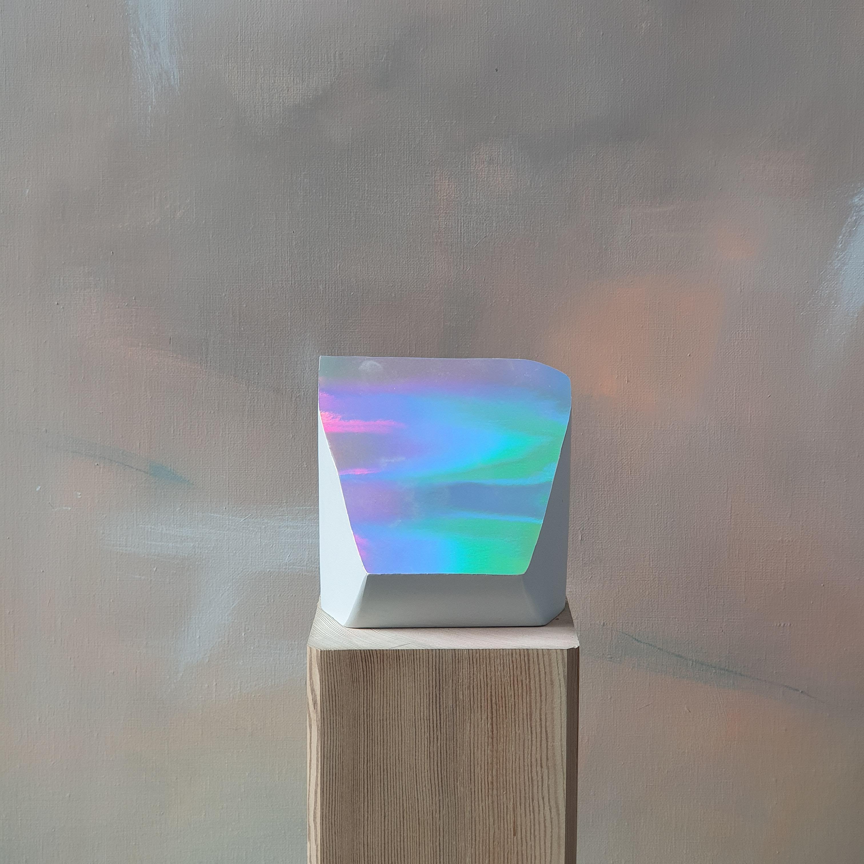 Size: 14x13x14 cm, include pedestal (solid pine wood) of 50cm 

Medium: Wood, acrylic and holographic print.

If painting still respects a logic that legitimizes its practice and existence in our hyper-saturated civilization of the image, it is its