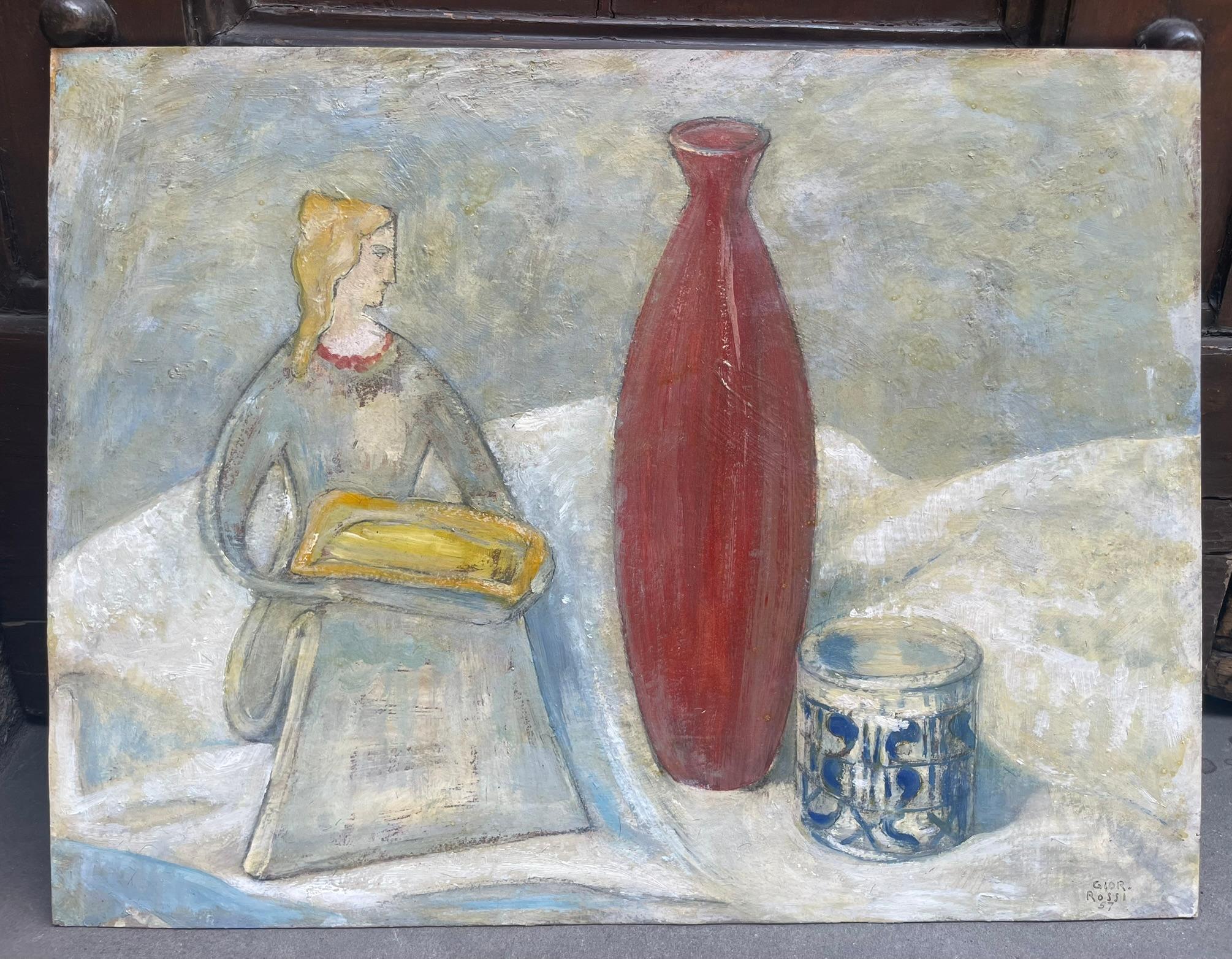 Giorgio Rossi (1892-1963)
Statuette and Red Vase, 1957
Oil on cardboard, signed and dated on the right
Dimensions without frame: 45 × 35 cm
Dimensions with frame: 62 × 53 cm

Primarily known as a sculptor, Giorgio Rossi rarely produced paintings. In