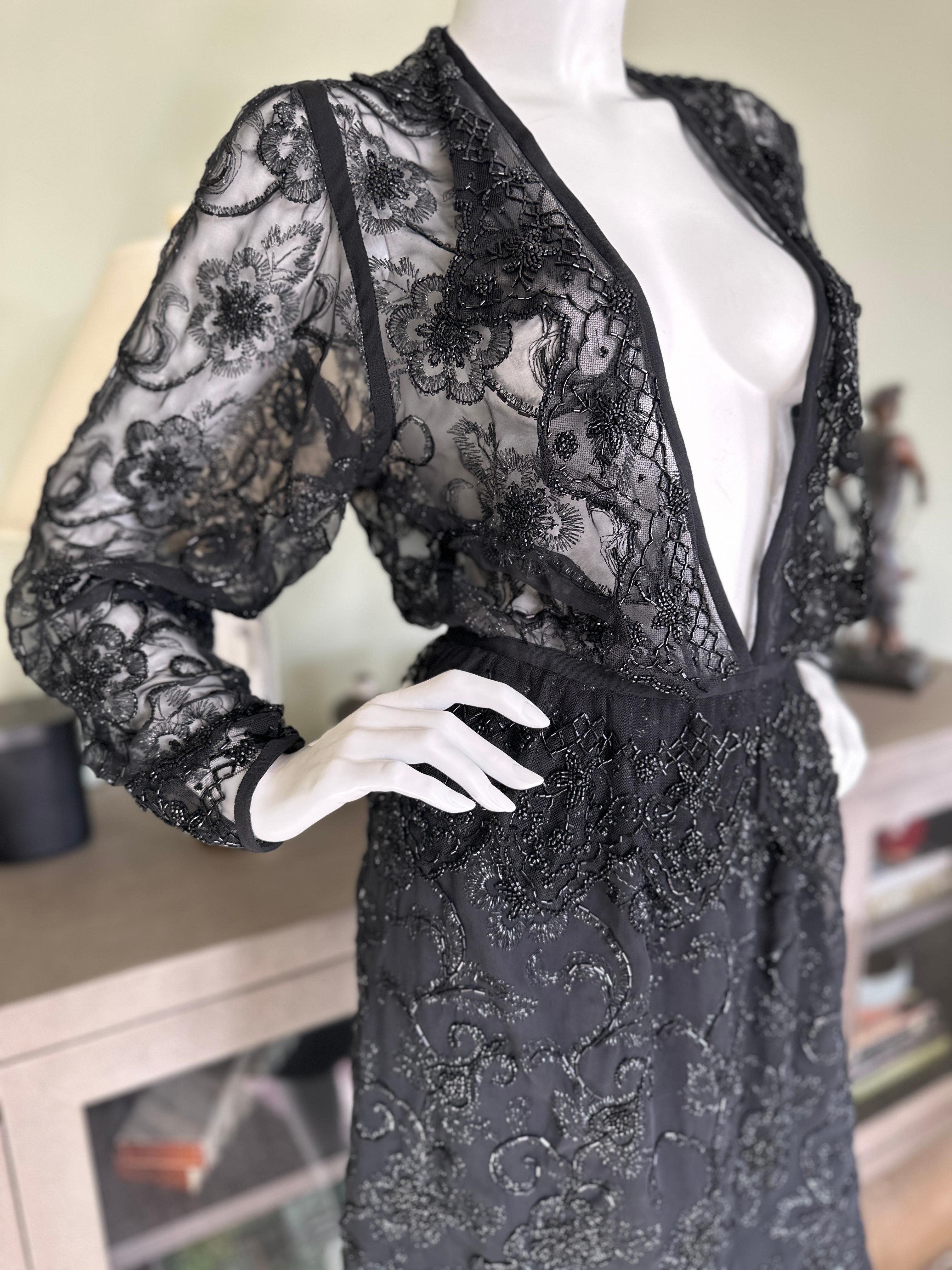 Giorgio Sant Angelo 1970's Disco Era Beaded Sheer Black 2 Pc Evening Dress In Excellent Condition For Sale In Cloverdale, CA
