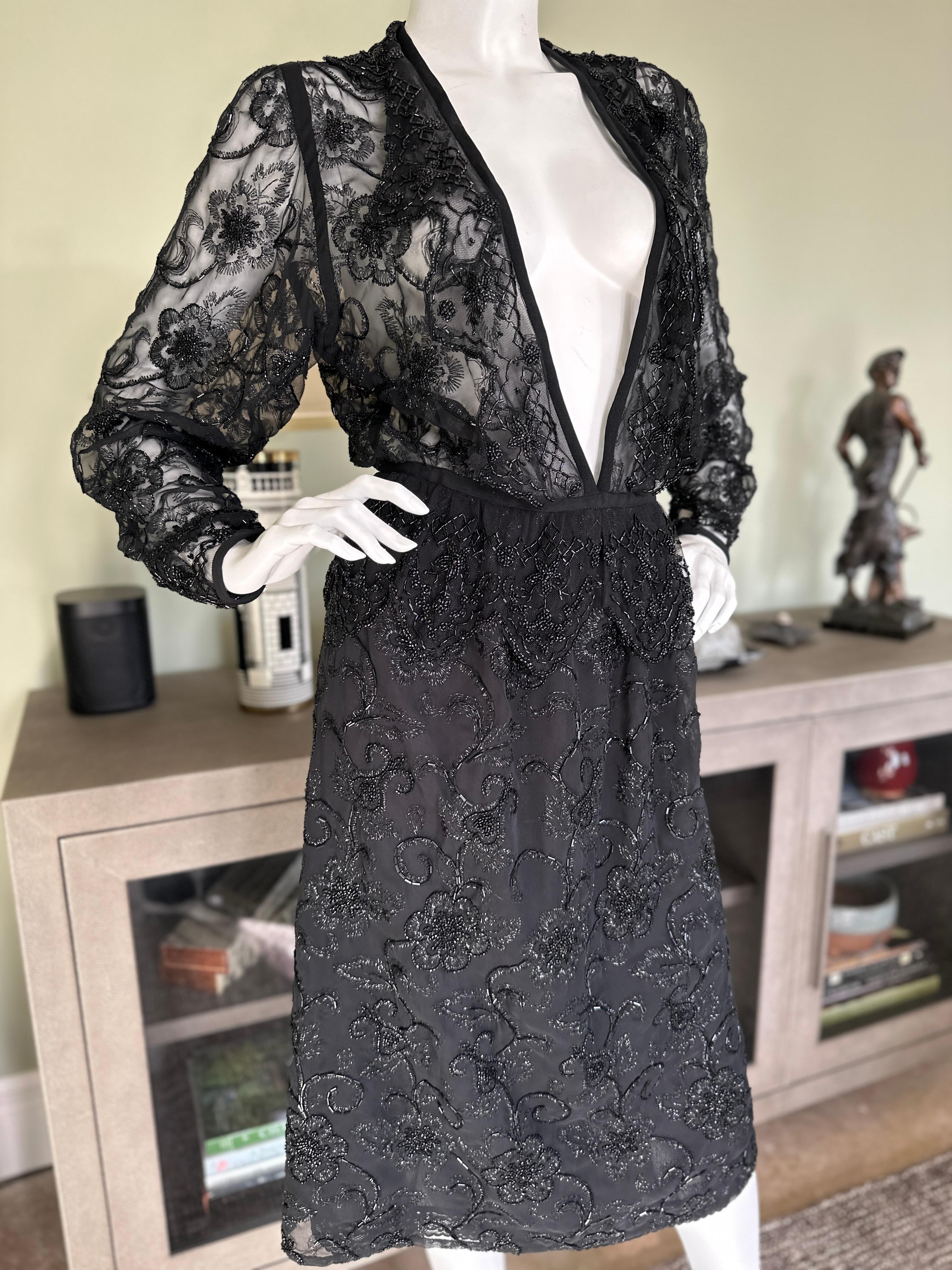 Women's Giorgio Sant Angelo 1970's Disco Era Beaded Sheer Black 2 Pc Evening Dress For Sale
