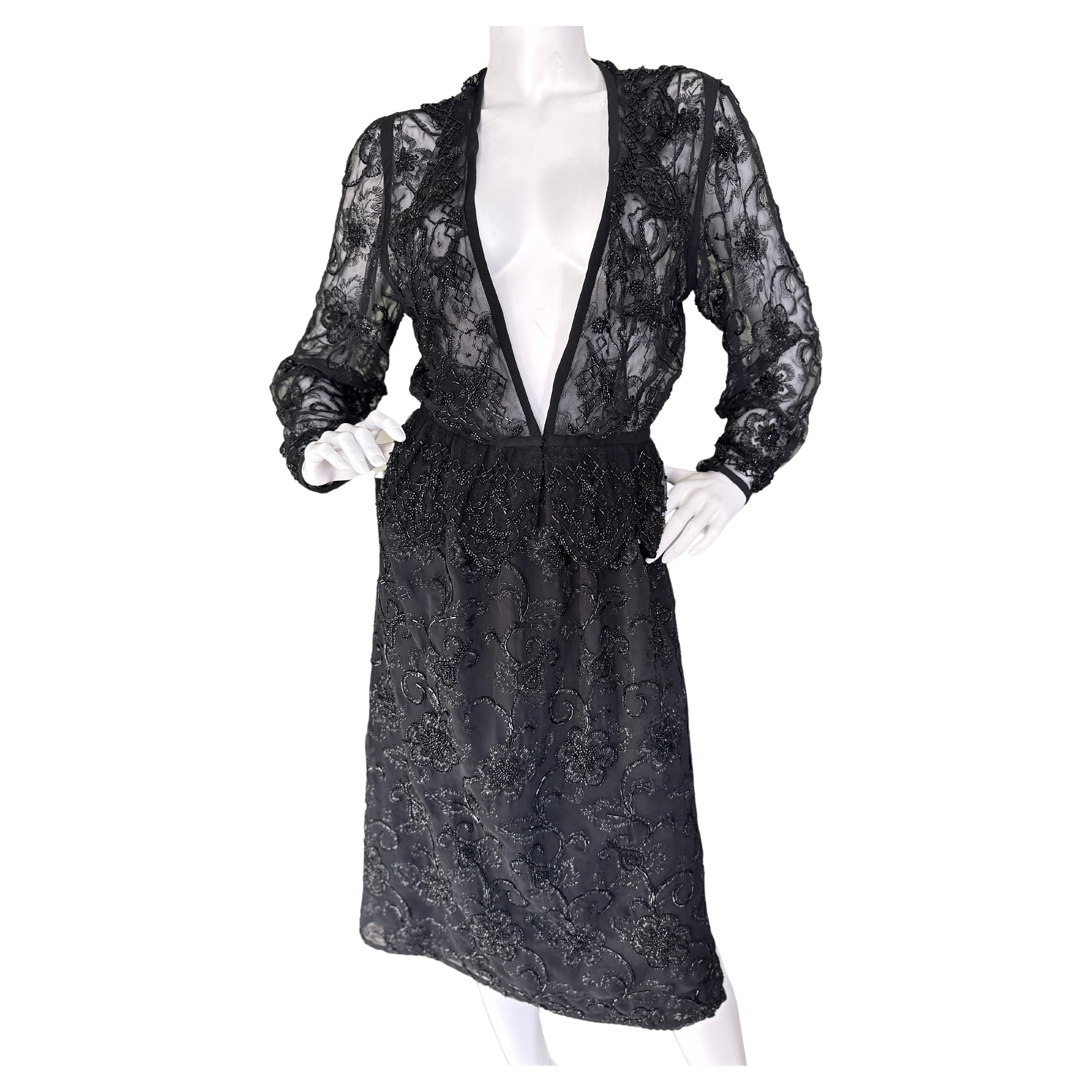 Giorgio Sant Angelo 1970's Disco Era Beaded Sheer Black 2 Pc Evening Dress For Sale