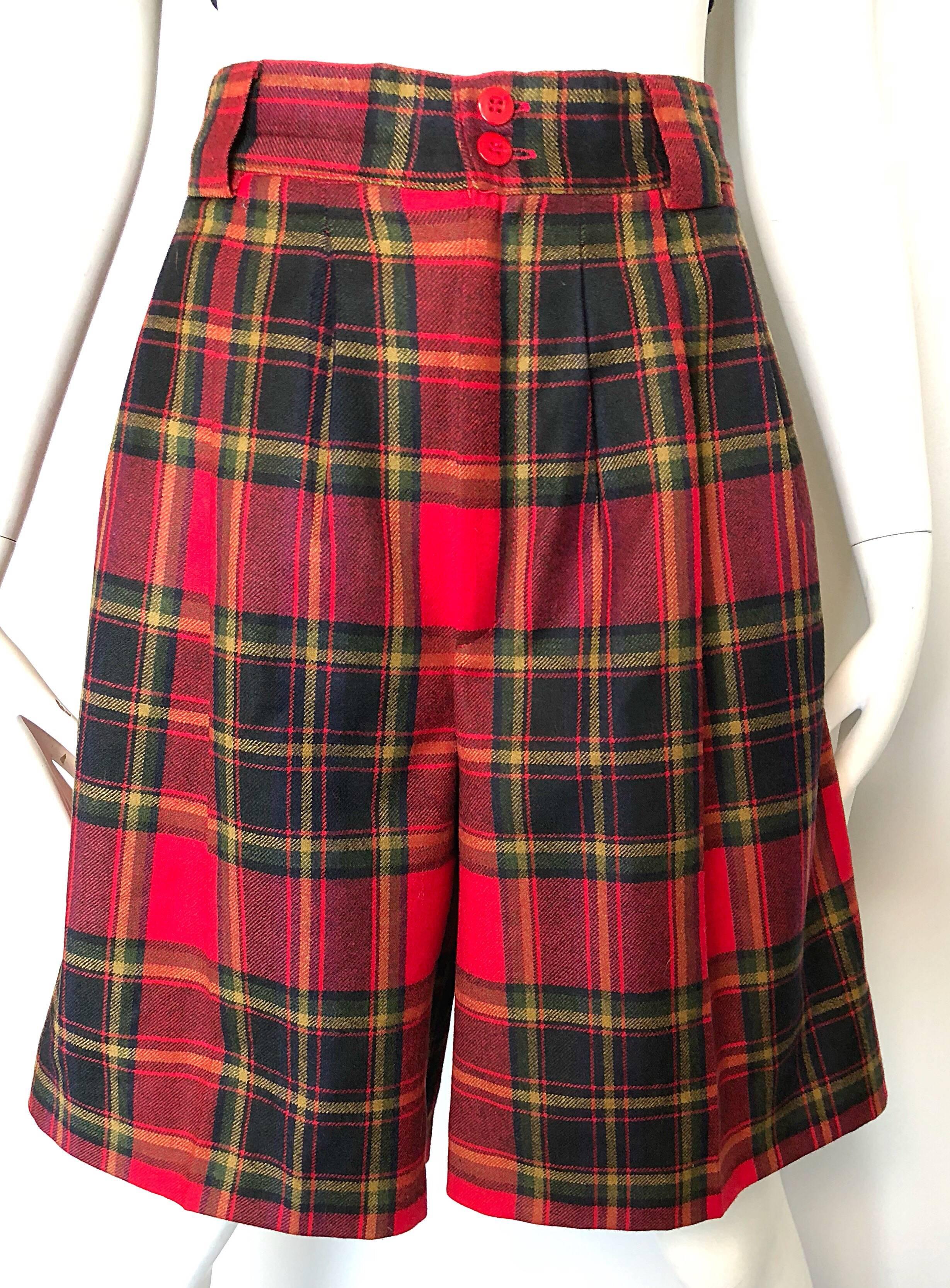 Giorgio Sant Angelo 1980s Red Tartan Plaid Virgin Wool Vintage Culottes Shorts  1