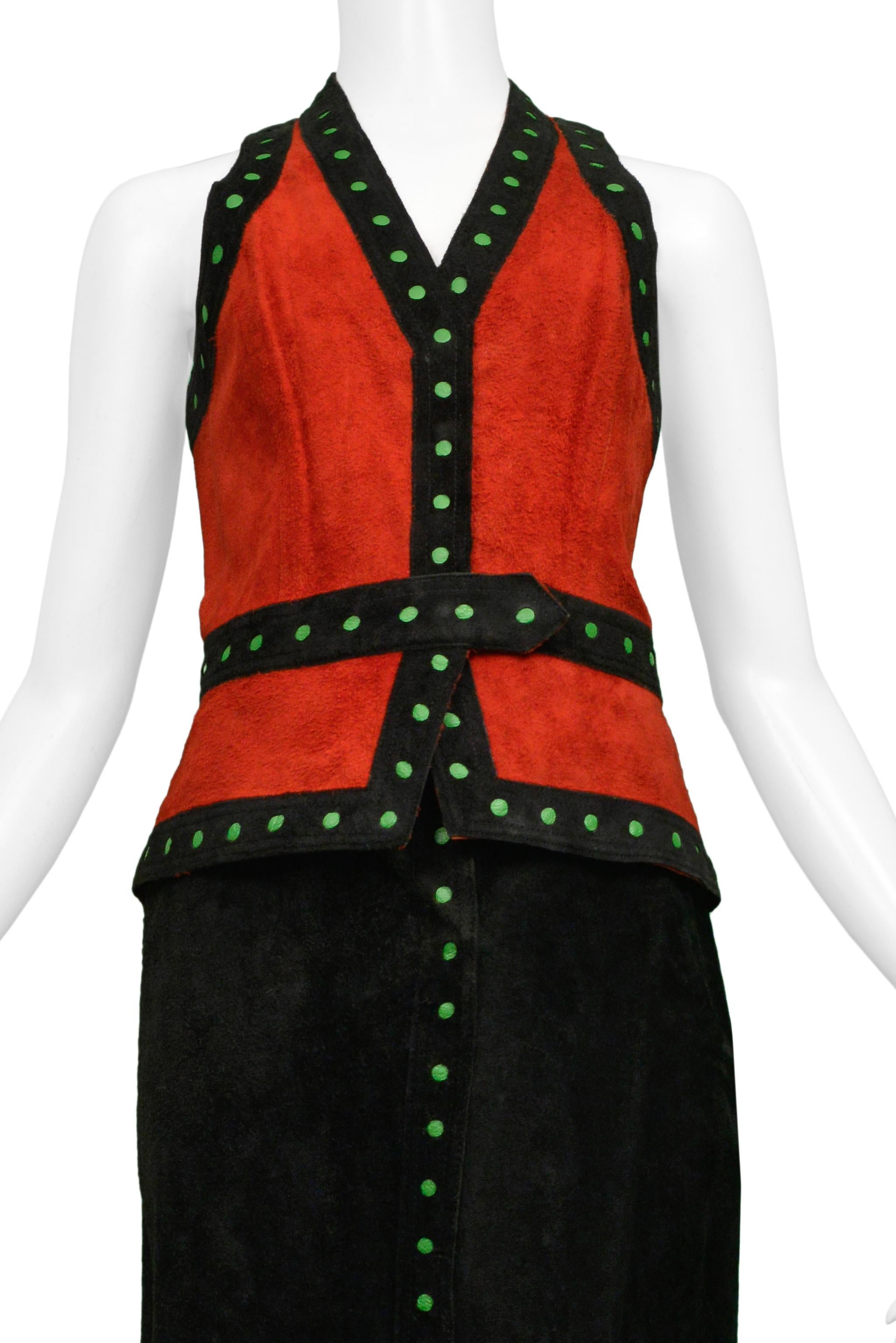 Beige Giorgio Sant Angelo Black & Red Suede Vest And Skirt Ensemble For Sale