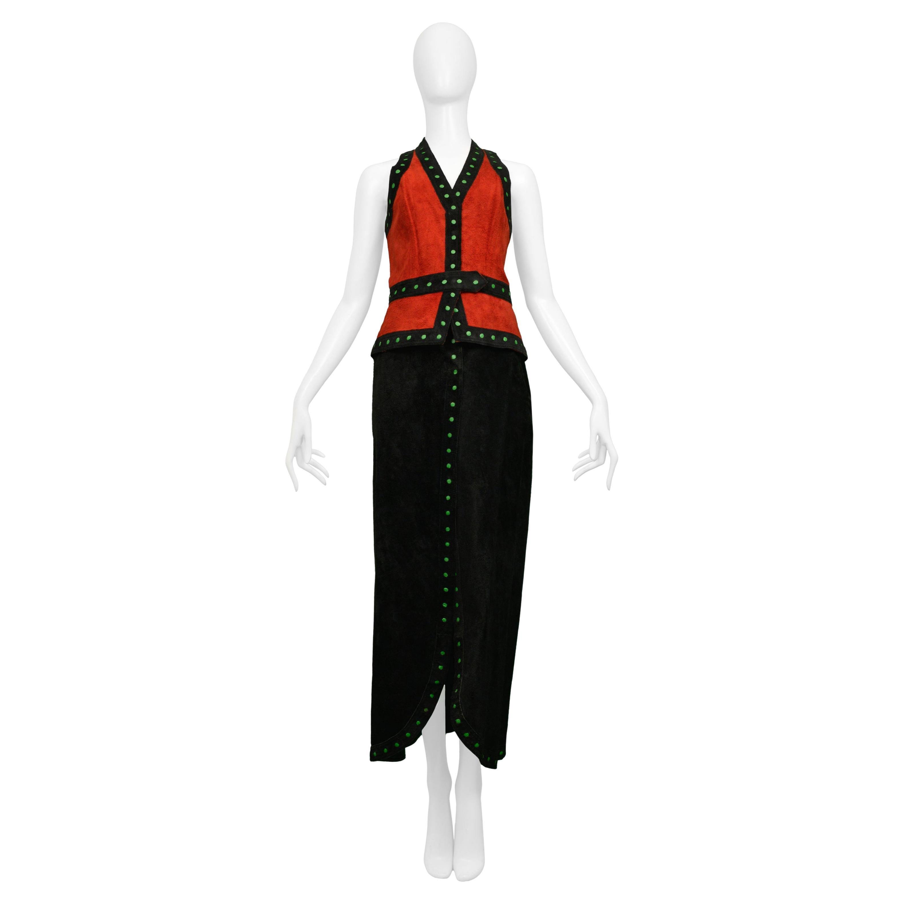 Giorgio Sant Angelo Black & Red Suede Vest And Skirt Ensemble For Sale