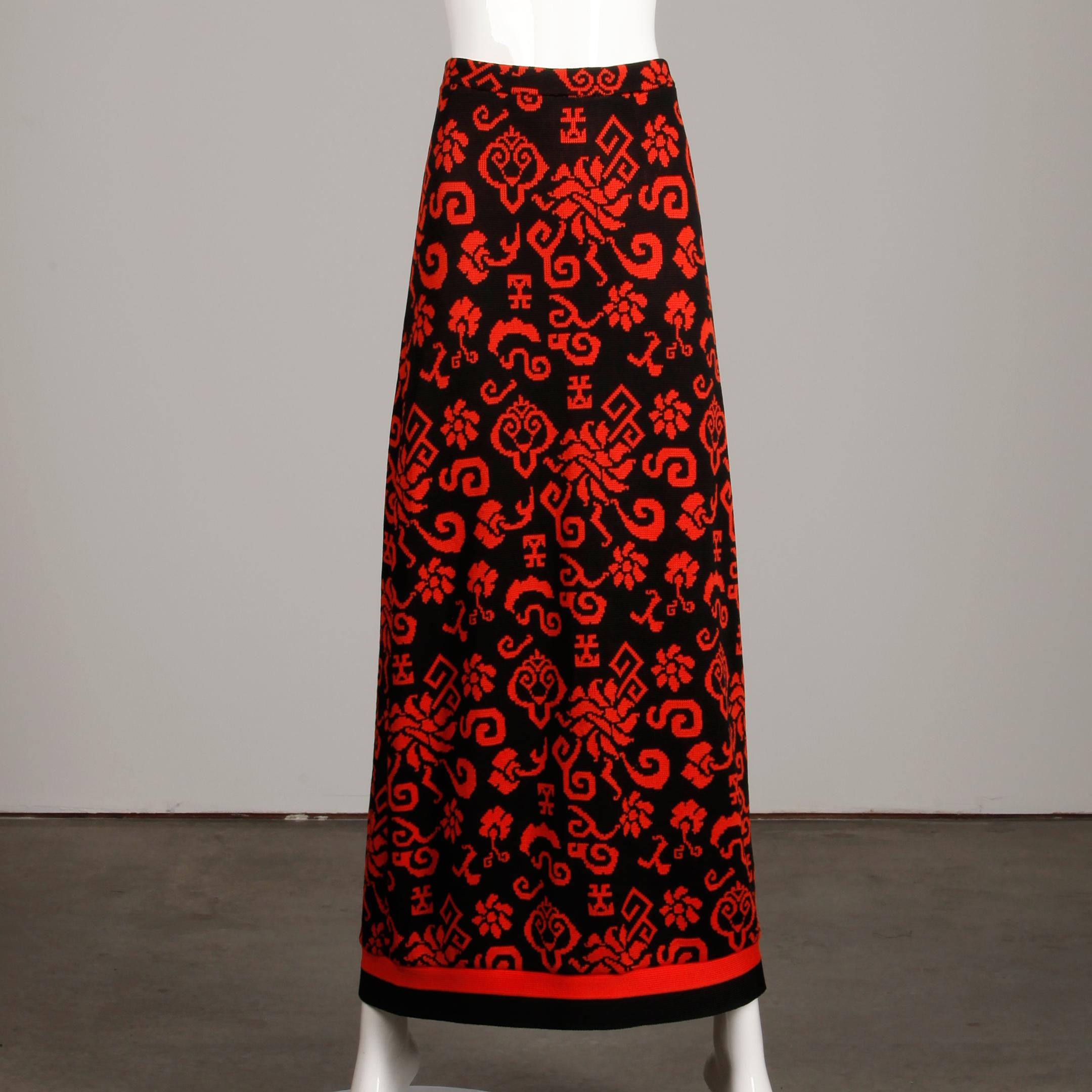 Giorgio Sant'Angelo 1970s Vintage Red + Black Knit Maxi Dress with Asian Design 1