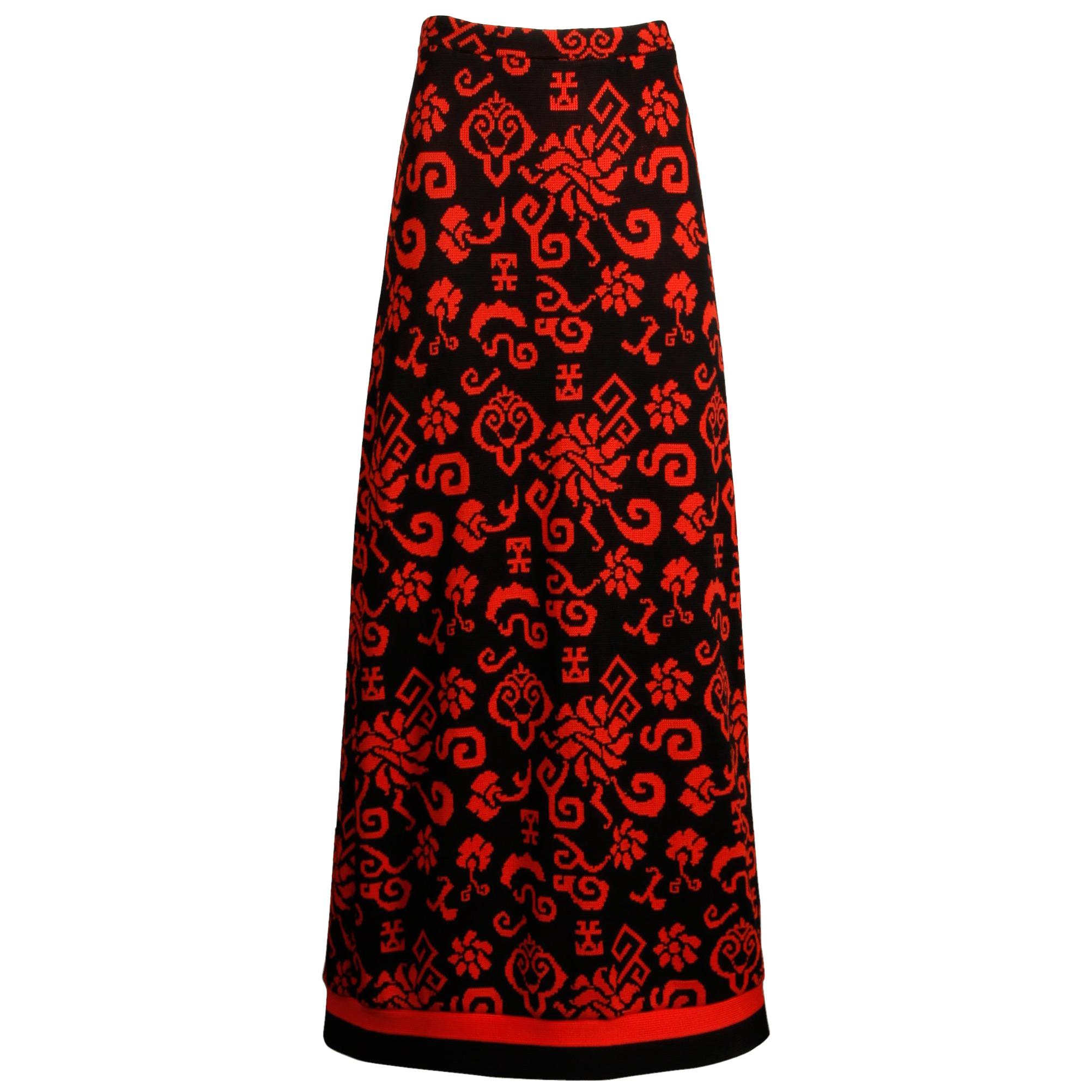 Giorgio Sant'Angelo 1970s Vintage Red + Black Knit Maxi Dress with Asian Design