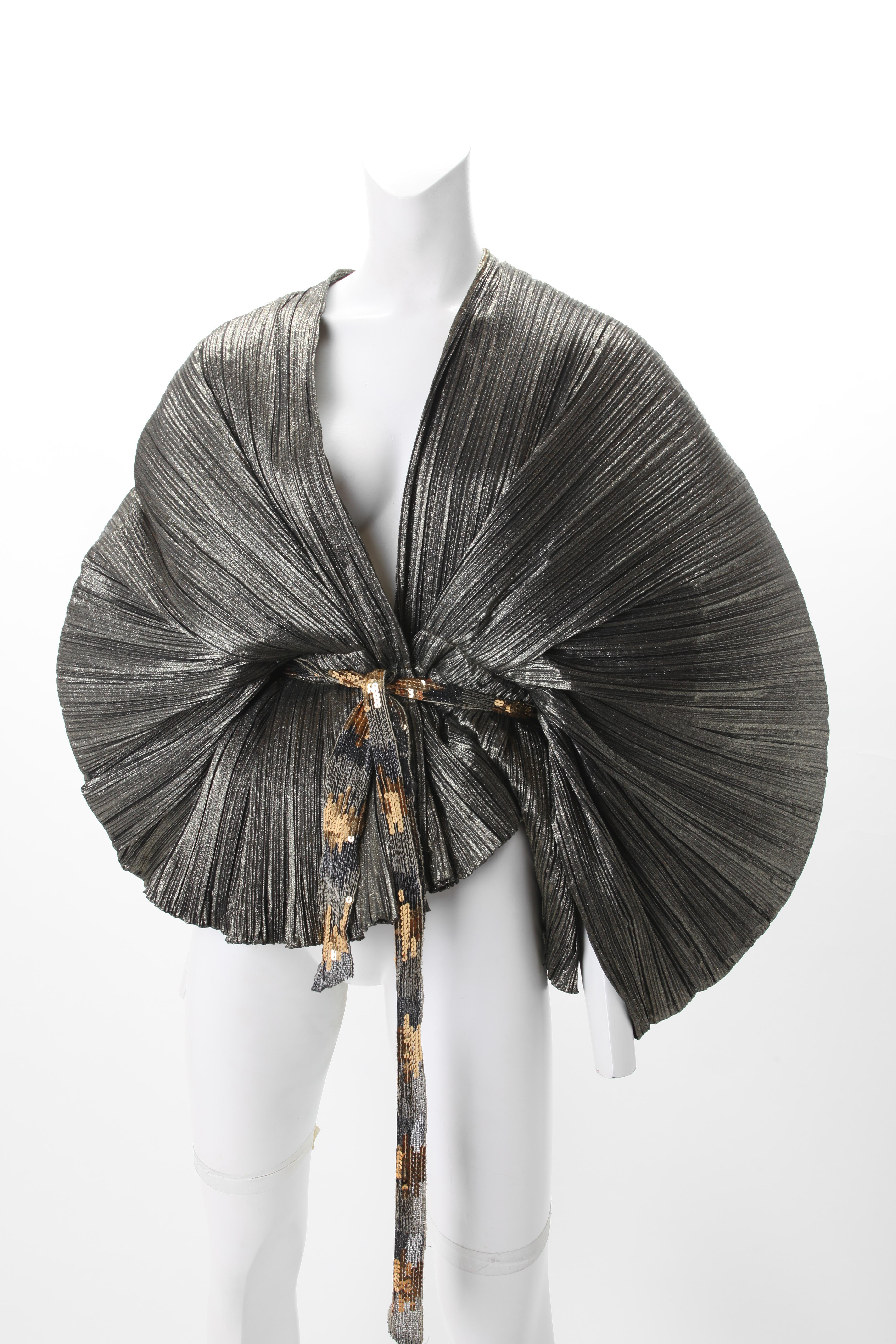 Noir GIORGIO SANT'ANGELO ROBE MÉTALlique KIMONO FAN BLOUSE 1970 en vente