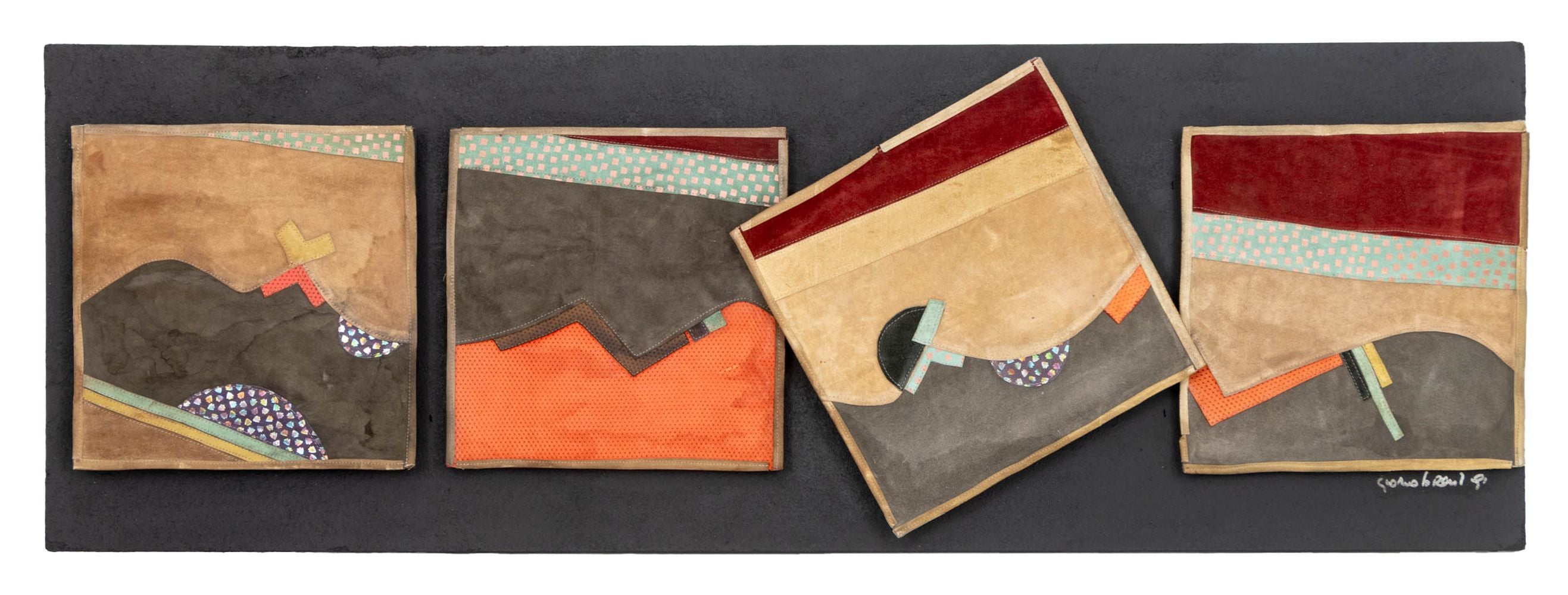 Geometric Patchwork Leather Tapestry, Signed, Post-Modern, 1991
