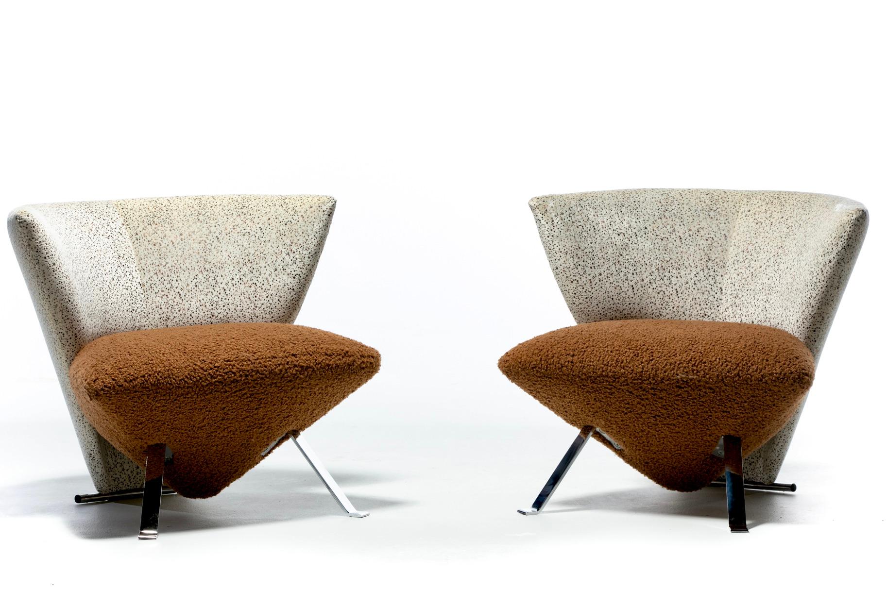 Italian Giorgio Saporiti Post Modern Jada Slipper Chairs in Espresso Bouclé & Velvet For Sale