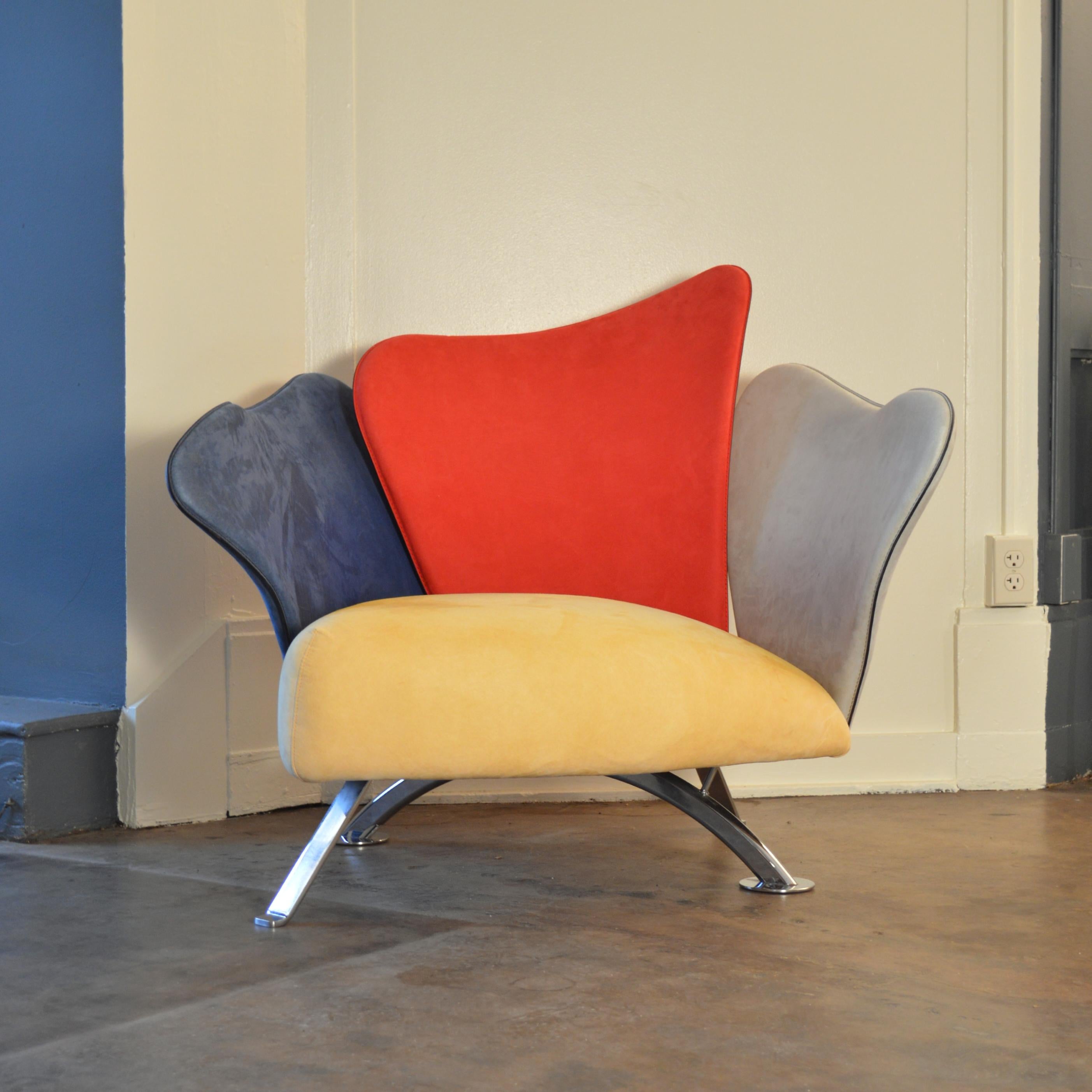 Post-Modern Flower Chair in primary color scheme, designed by Giorgio Saporiti. Made by Il Loft of Italy, circa 1990.  Each Saporiti Flower chair is completely unique. The chair's organic 'petals' are made of hand-formed steel shapes. Each piece is