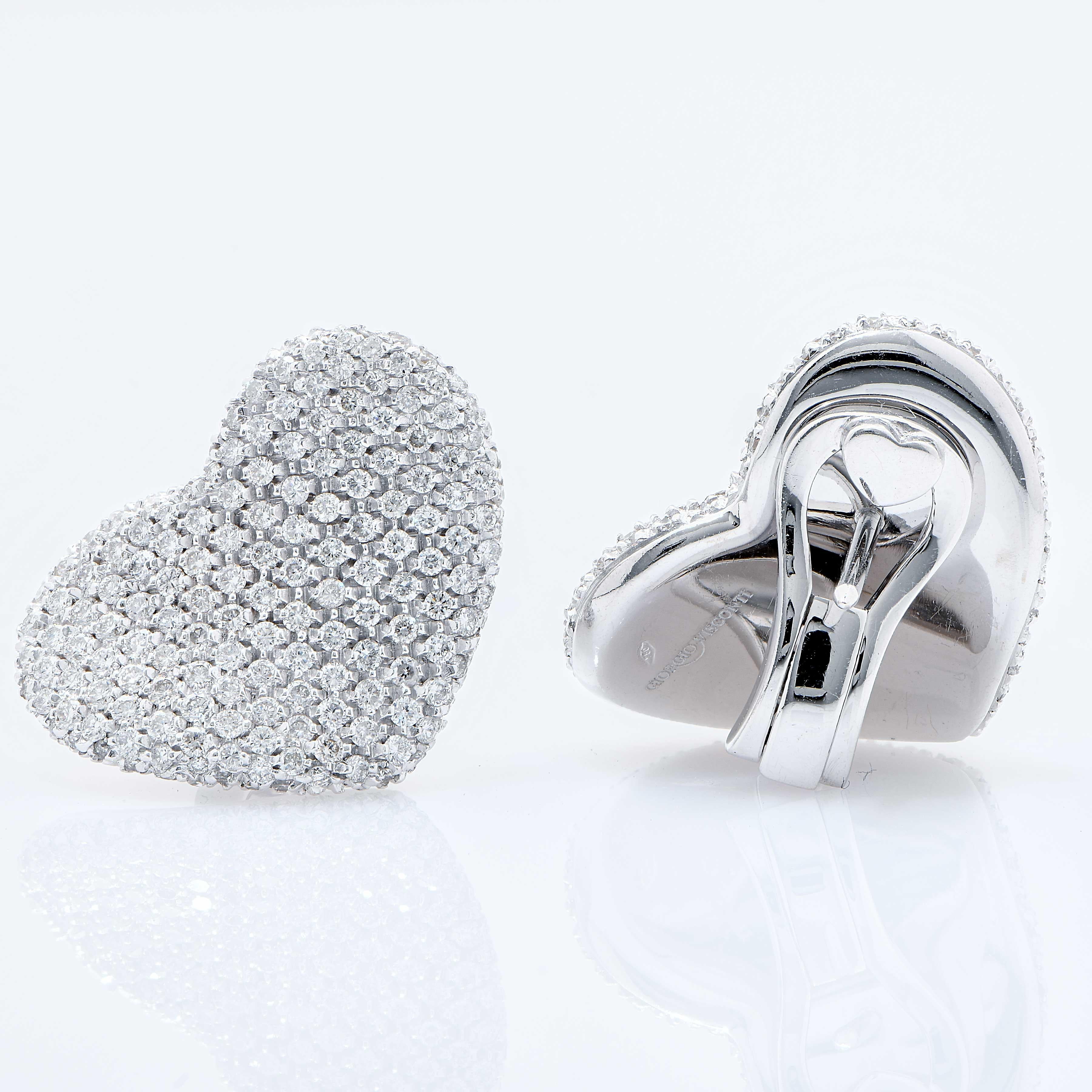 Giorgio Visconti 2.35 Carat Diamond Heart Shaped 18 Karat White Gold Earrings featuring approximately 300 prong set round brilliant cut diamonds G color VS clarity.
Metal Type: 18 Karat White Gold
Metal Weight: 19.5 Grams
