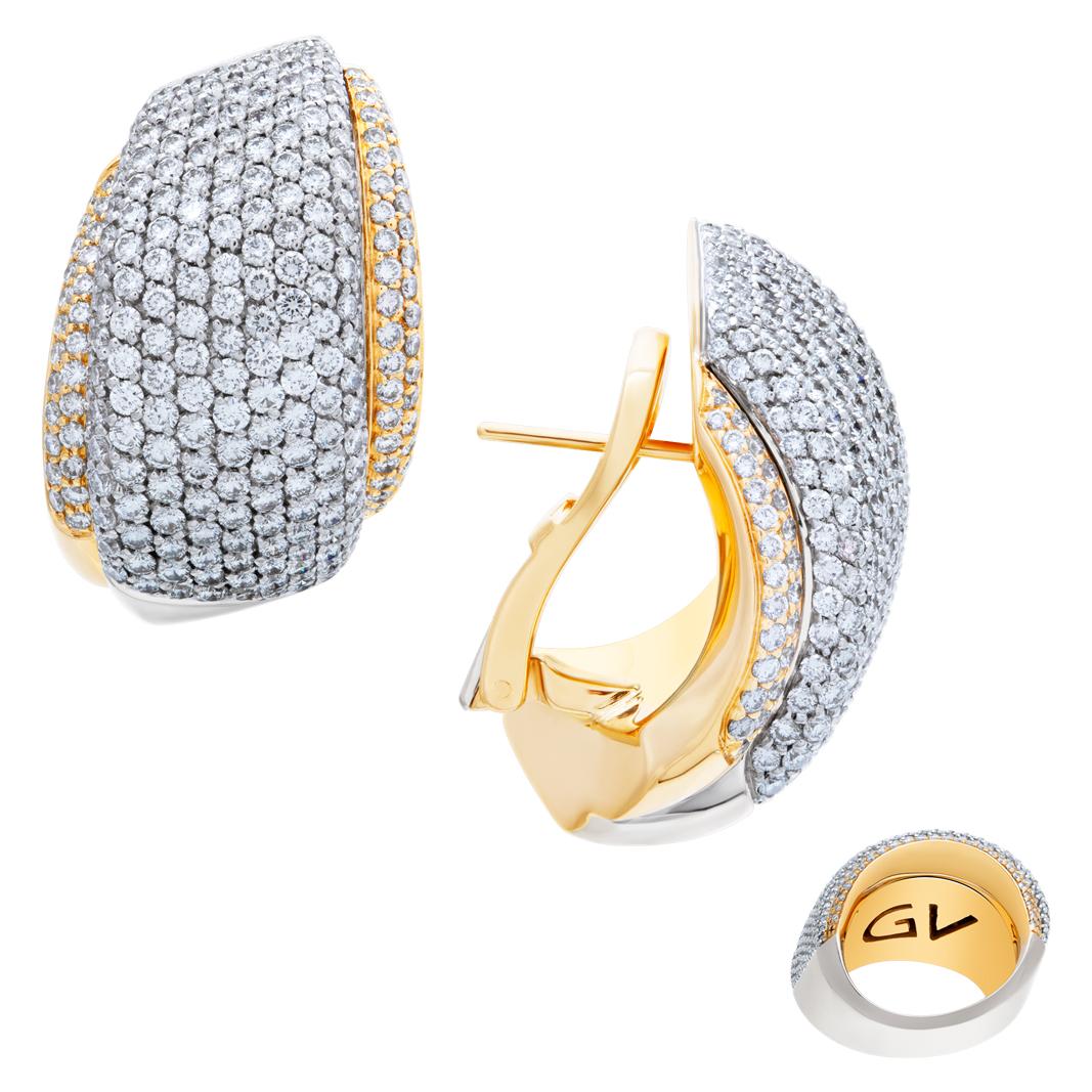 Giorgio Viscoti diamonds earrings & ring set in 18k white & yellow gold, approximately 9.00 carats full cut round brilliant diamonds, estimate:G-H color, VS clarity. Ring size: 6.75, 20mm width at top. Earrings measure: 17mm width x 27.5mm length.