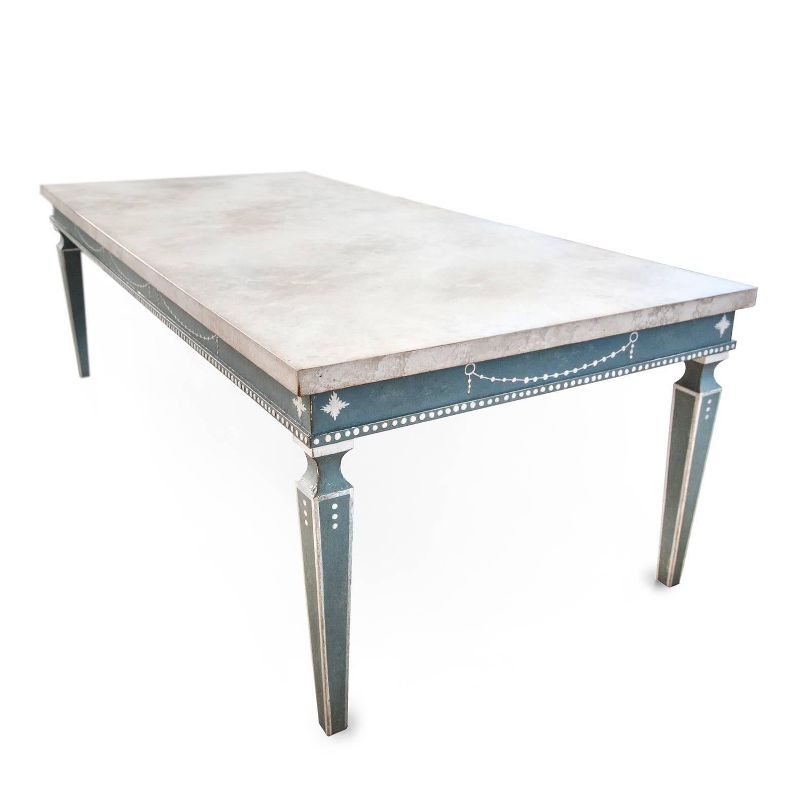 An exquisite example of 18th century Venetian style, this stately table will infuse refinement into any decor. Entirely crafted and painted by hand using Venice-inspired colors and motifs, this table displays a rectangular silhouette with tapered