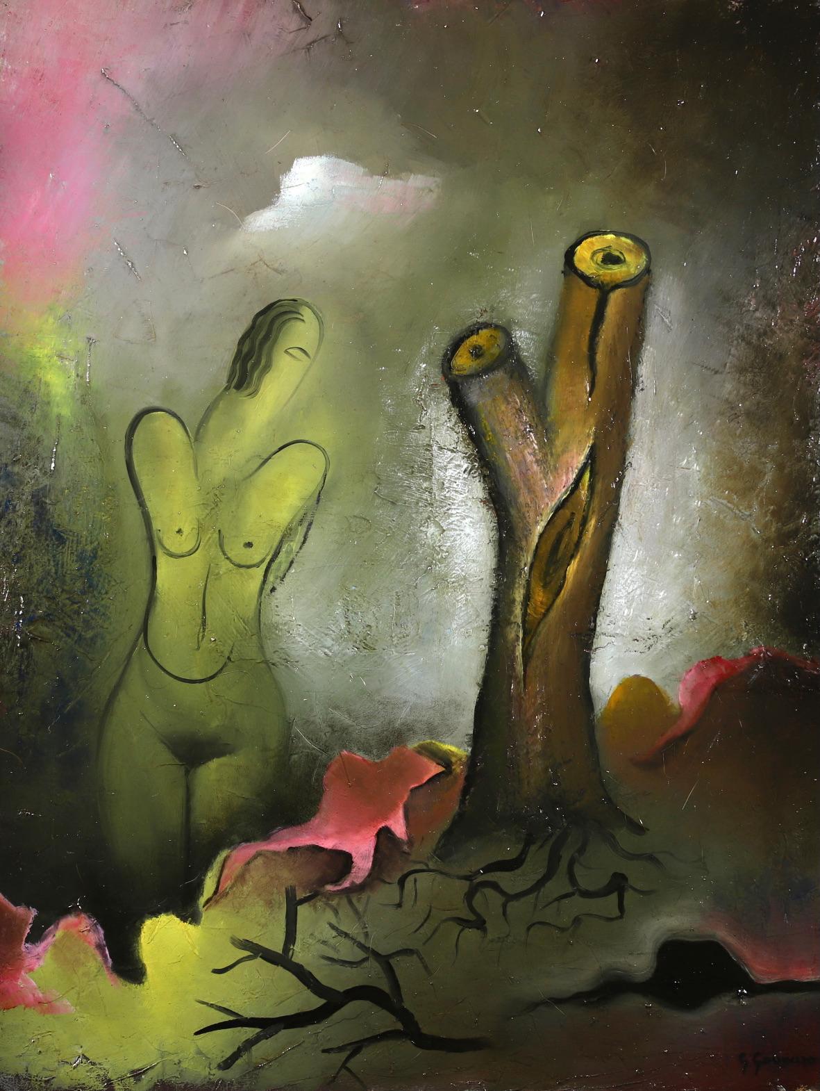Dreamy Landschaft mit Nymphe - Expressionistisches Ölgemälde, Akt von Giorgios Gounaropoulos