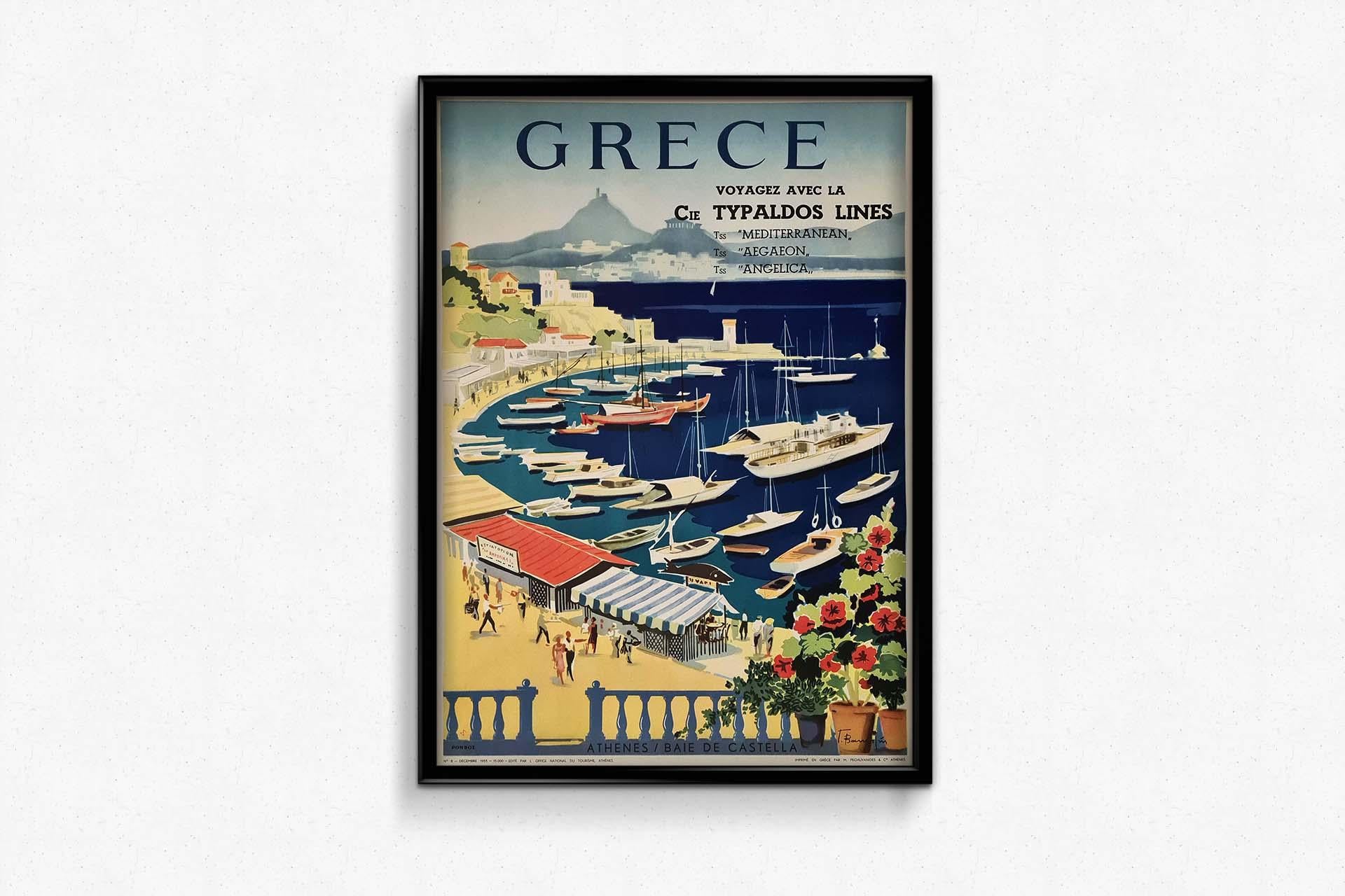 Très belle affiche touristique de Giorgos Vakirtzis (1923-1988) pour la Grèce et plus précisément Athènes et la baie du Castella au Pirée.
Situé sur une colline surplombant le port de Mikrolimano, Kastella est un quartier huppé du Pirée. Le Pirée