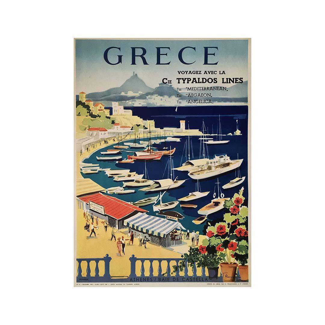 Affiche originale de 1955 Grce Athnes Baie de Castella - Bâle d'Athènes à Castella - Print de Giorgos Vakirtzis