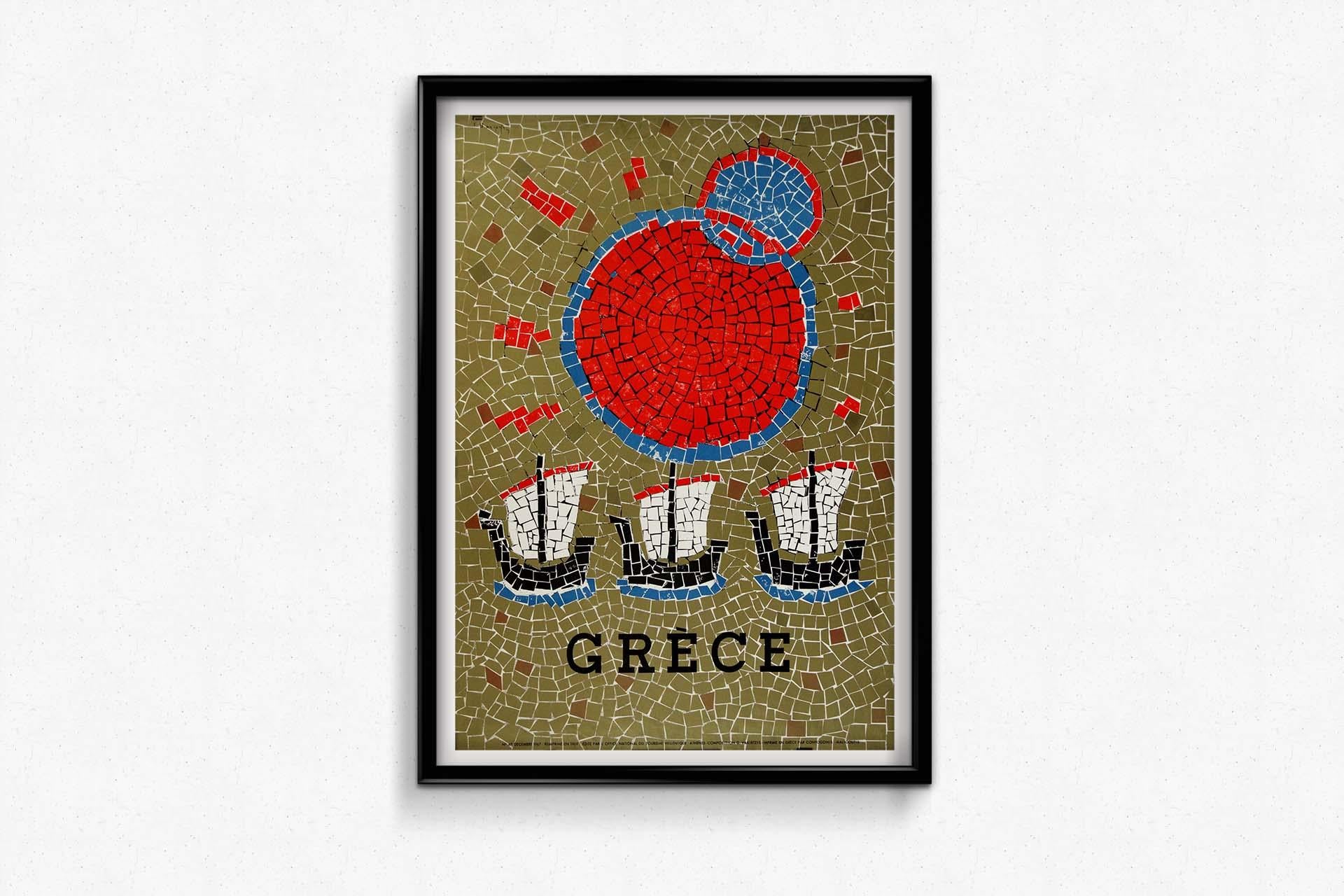 En 1969, G. Vakirtzis a créé une affiche de voyage captivante pour la Grèce, invitant les voyageurs à explorer la riche histoire du pays, ses paysages époustouflants et sa culture vibrante. Cette affiche capture de façon magistrale l'essence de la