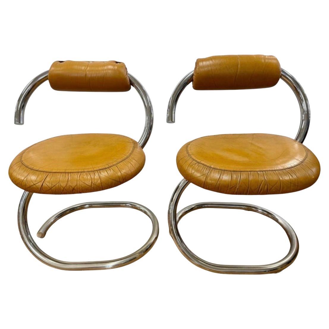 Giotti Stoppino Italian Mid Century Modern Pair of Leather Tubular Cobra Chairs