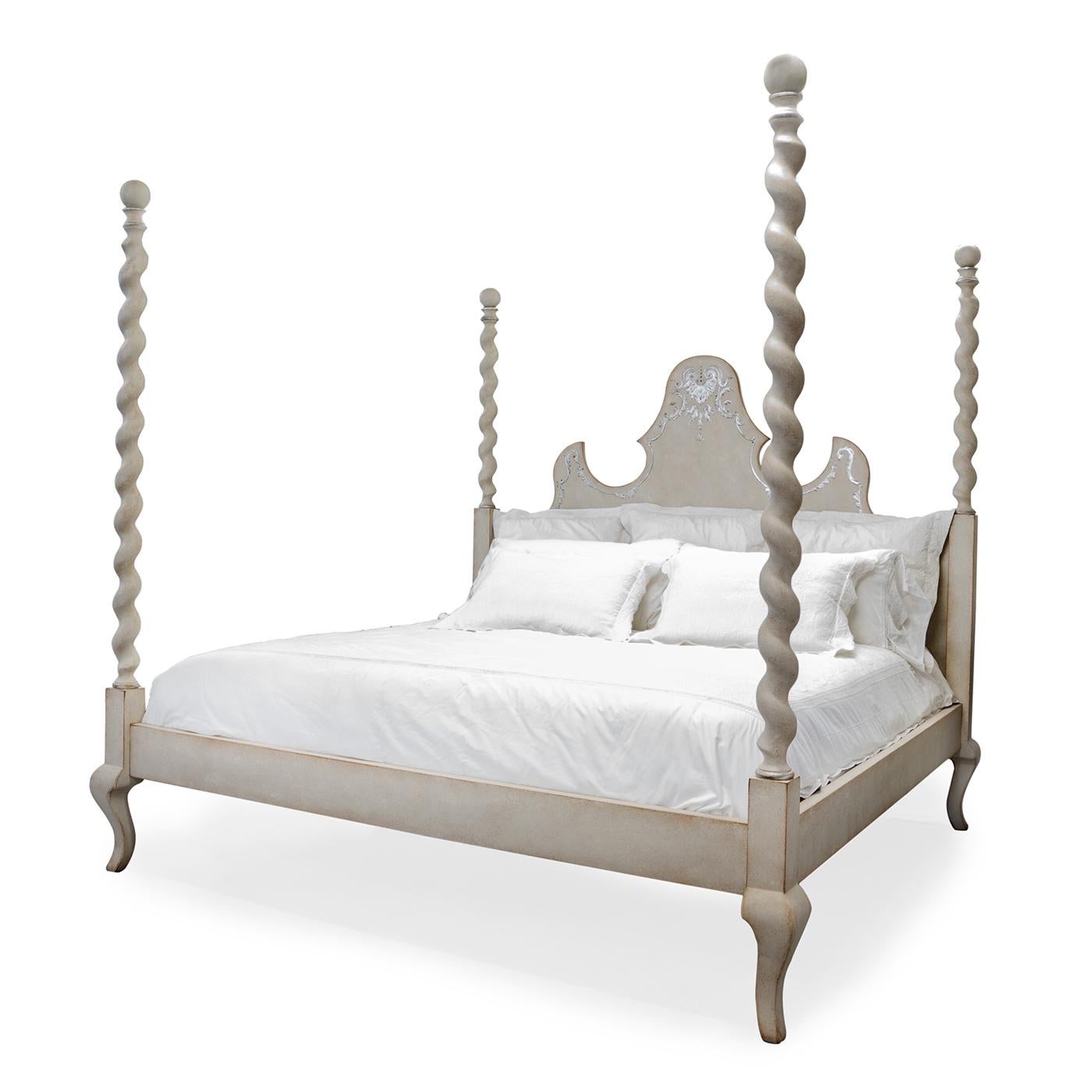 Introducing Giotto Bed, a stunning embodiment of romance and timeless elegance. Crafted in the style of a four-poster bed, this piece exudes grandeur and sophistication. With meticulous hand-painted details in flex color and silver textural