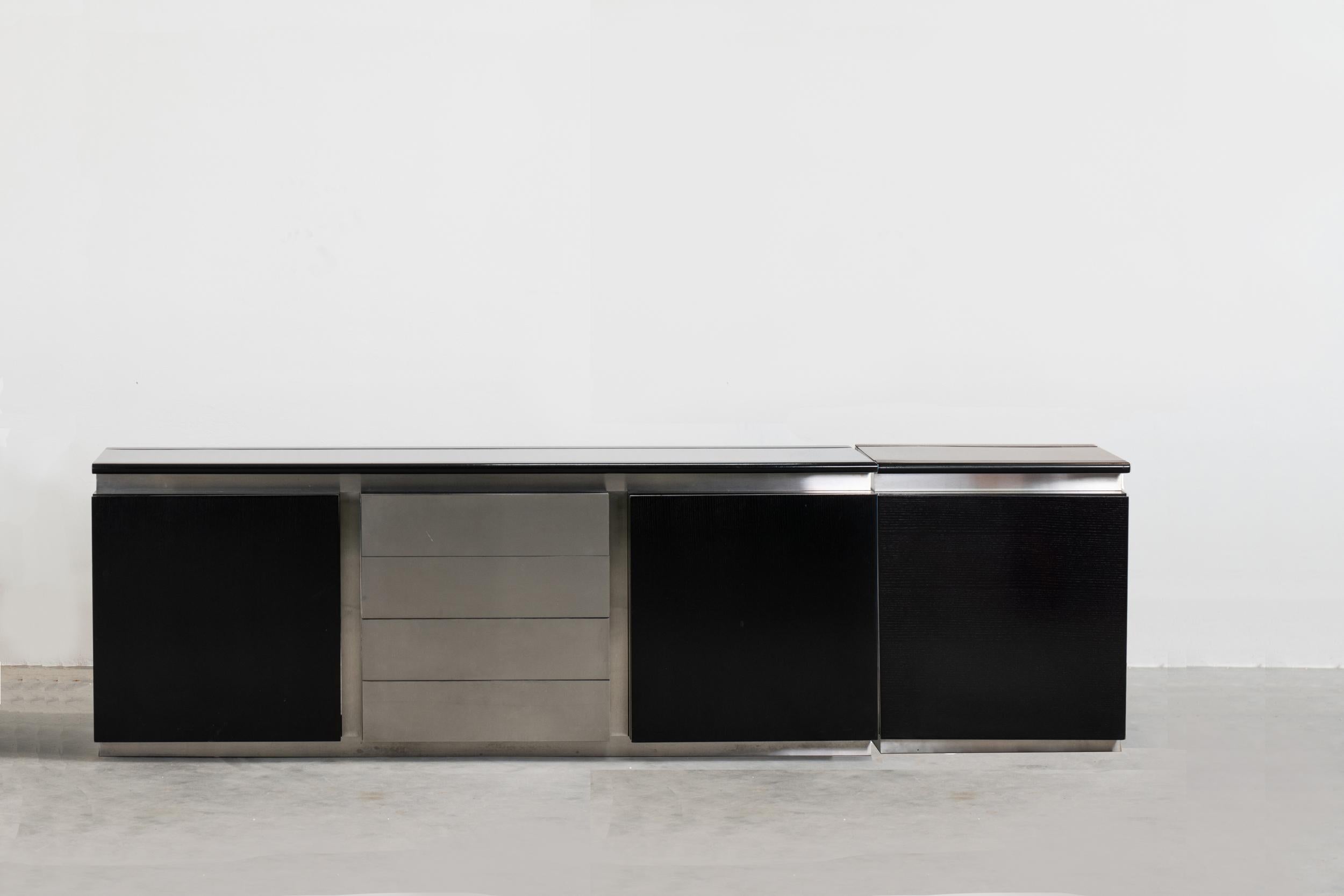 Lodovico Acerbis sideboard Parioli in brushed steel and mirrored crystal, produced by Lodovico Acerbis, 1970s.