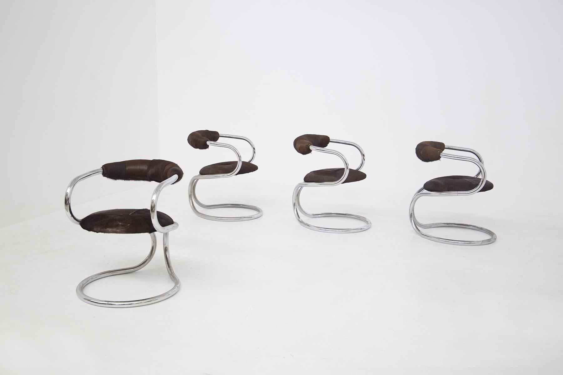 Giotto Stoppino Chairs in Chromed Steel and Pony 6