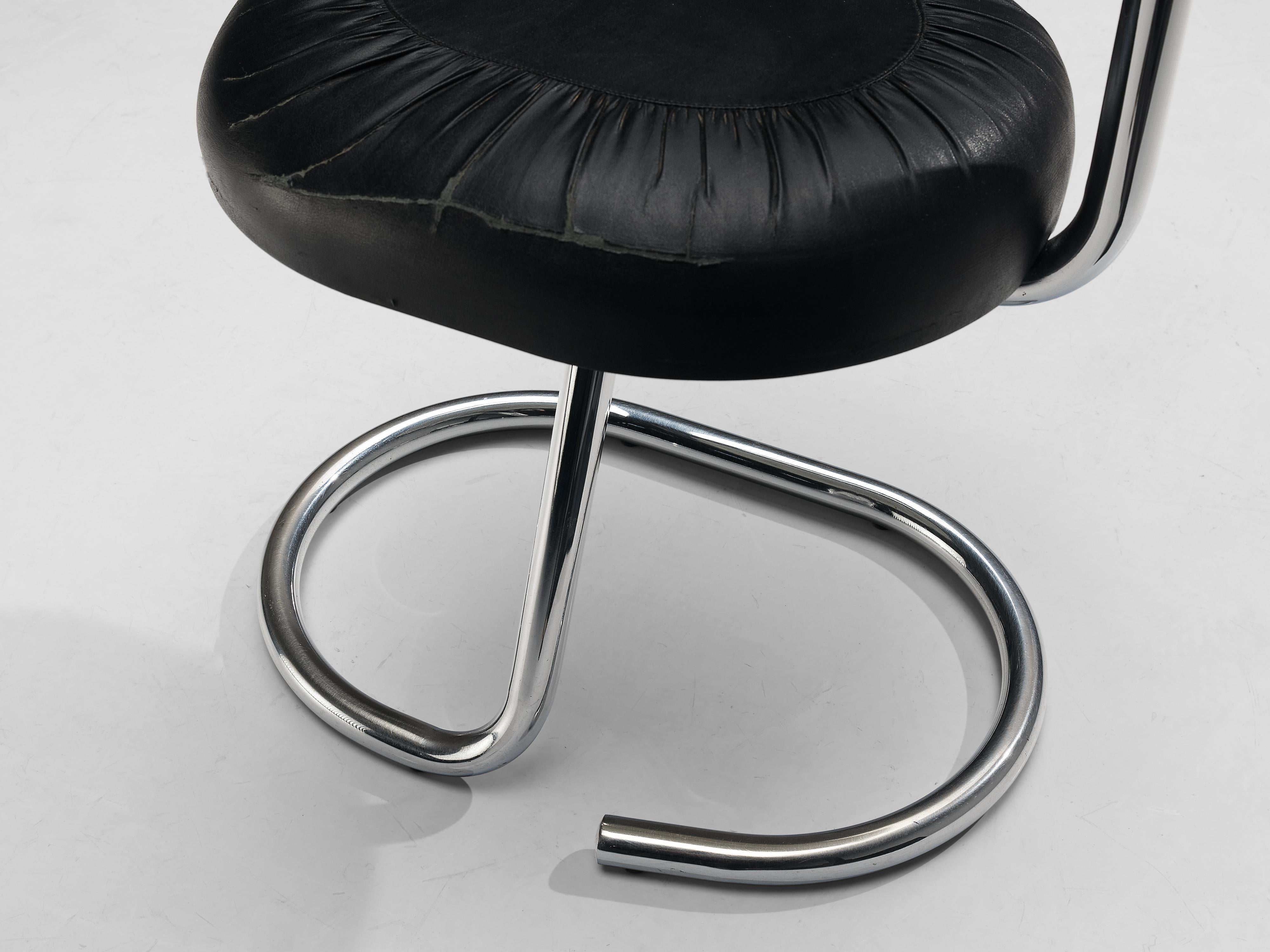 Mid-Century Modern Giotto Stoppino for Bernini Set of Four Tubular Chairs in Black Leather