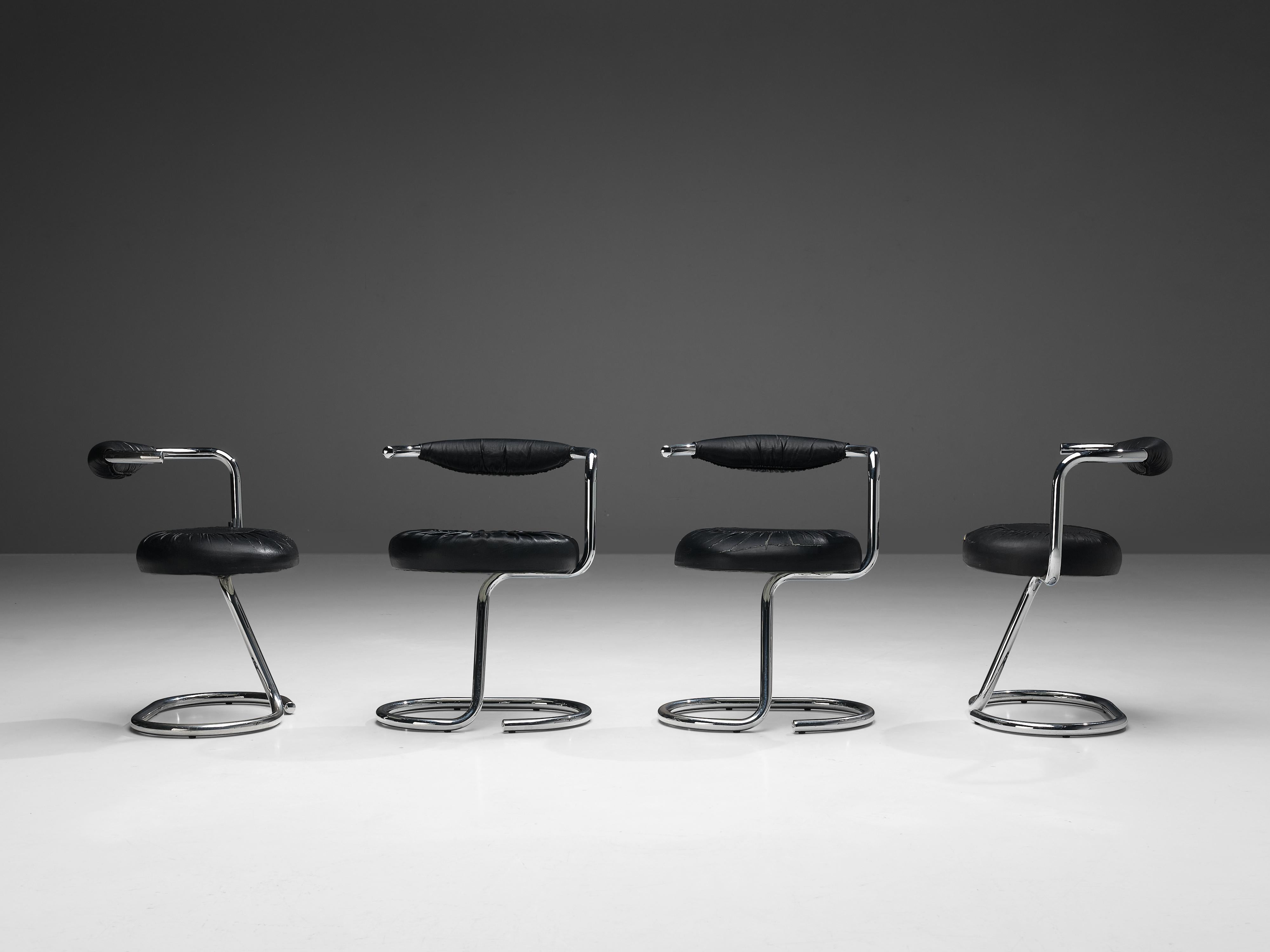 Mid-20th Century Giotto Stoppino for Bernini Set of Four Tubular Chairs in Black Leather