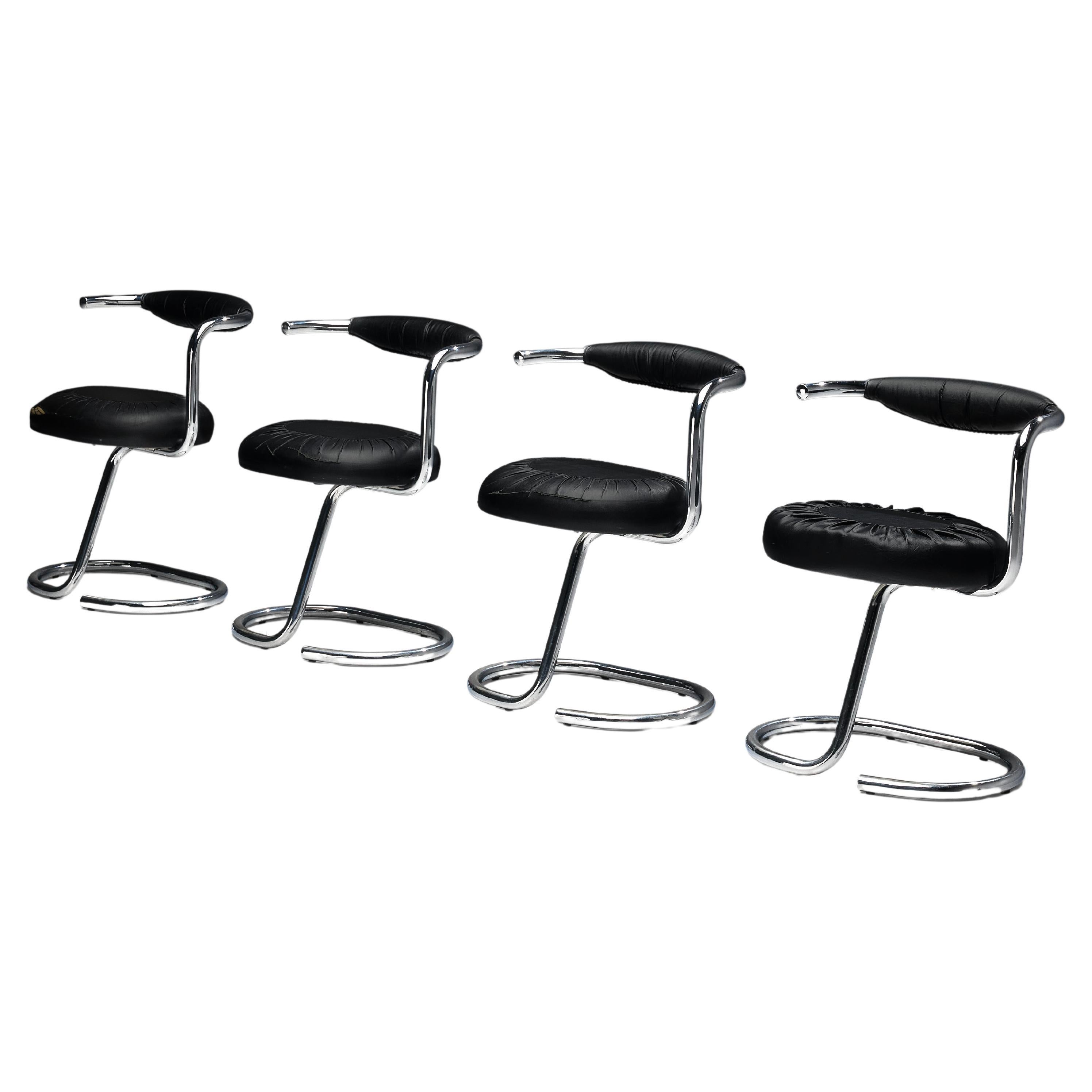 Giotto Stoppino for Bernini Set of Four Tubular Chairs in Black Leather